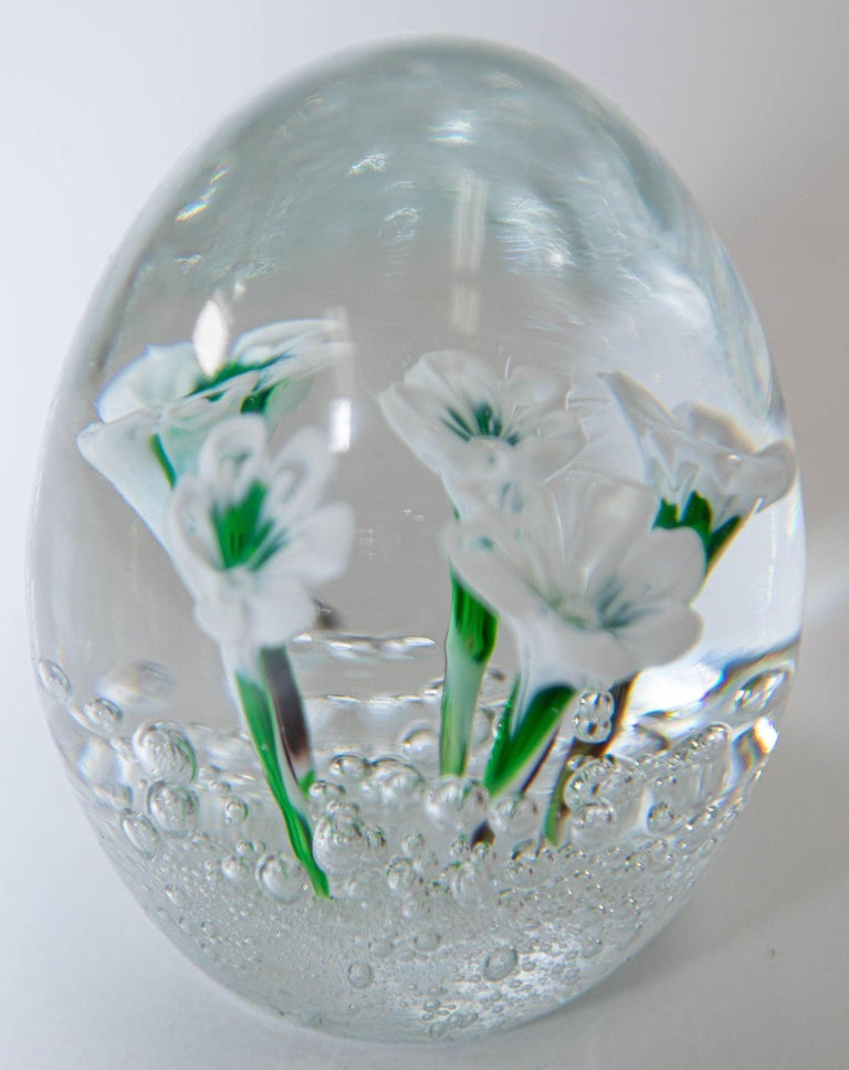 Italian Murano Hand Blown Art Glass Paperweight with White Flowers
