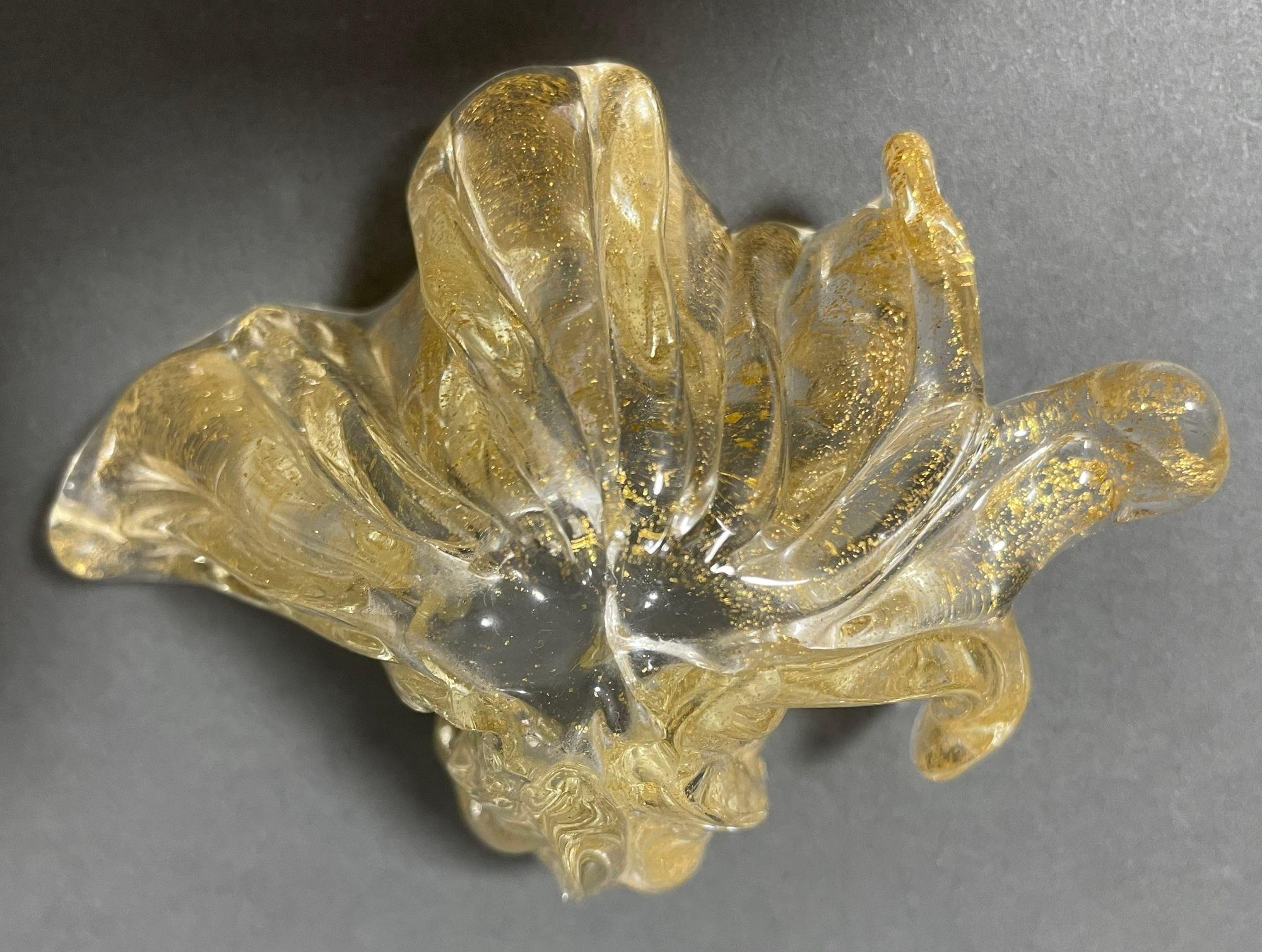 Art Glass Italian Murano Iridescent Gold Flecks Leaf Dish Barovier e Toso For Sale