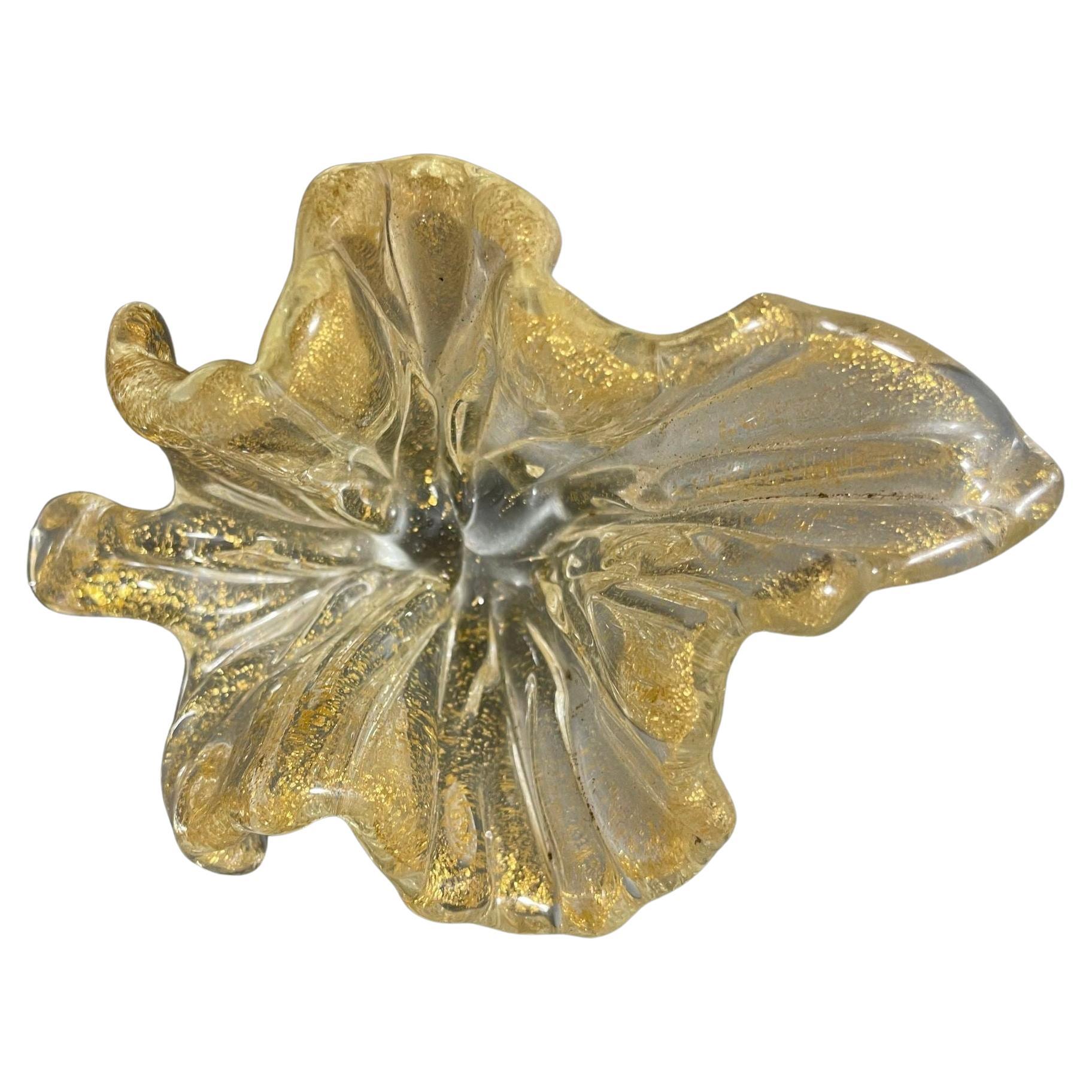 Italian Murano Iridescent Gold Flecks Leaf Dish Barovier e Toso For Sale