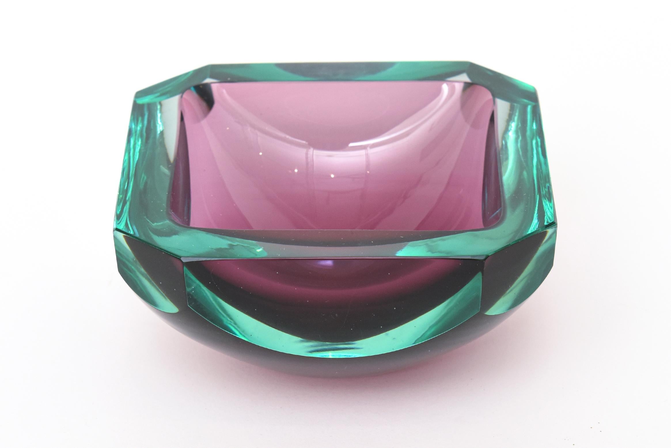 Blown Glass Murano Mandruzzato Jewel Toned Emerald Green, Purple Faceted Glass Bowl Italian For Sale