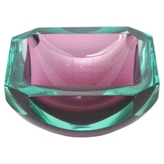 Murano Jewel Toned Emerald Green and Purple Faceted Glass Bowl Vintage Italian