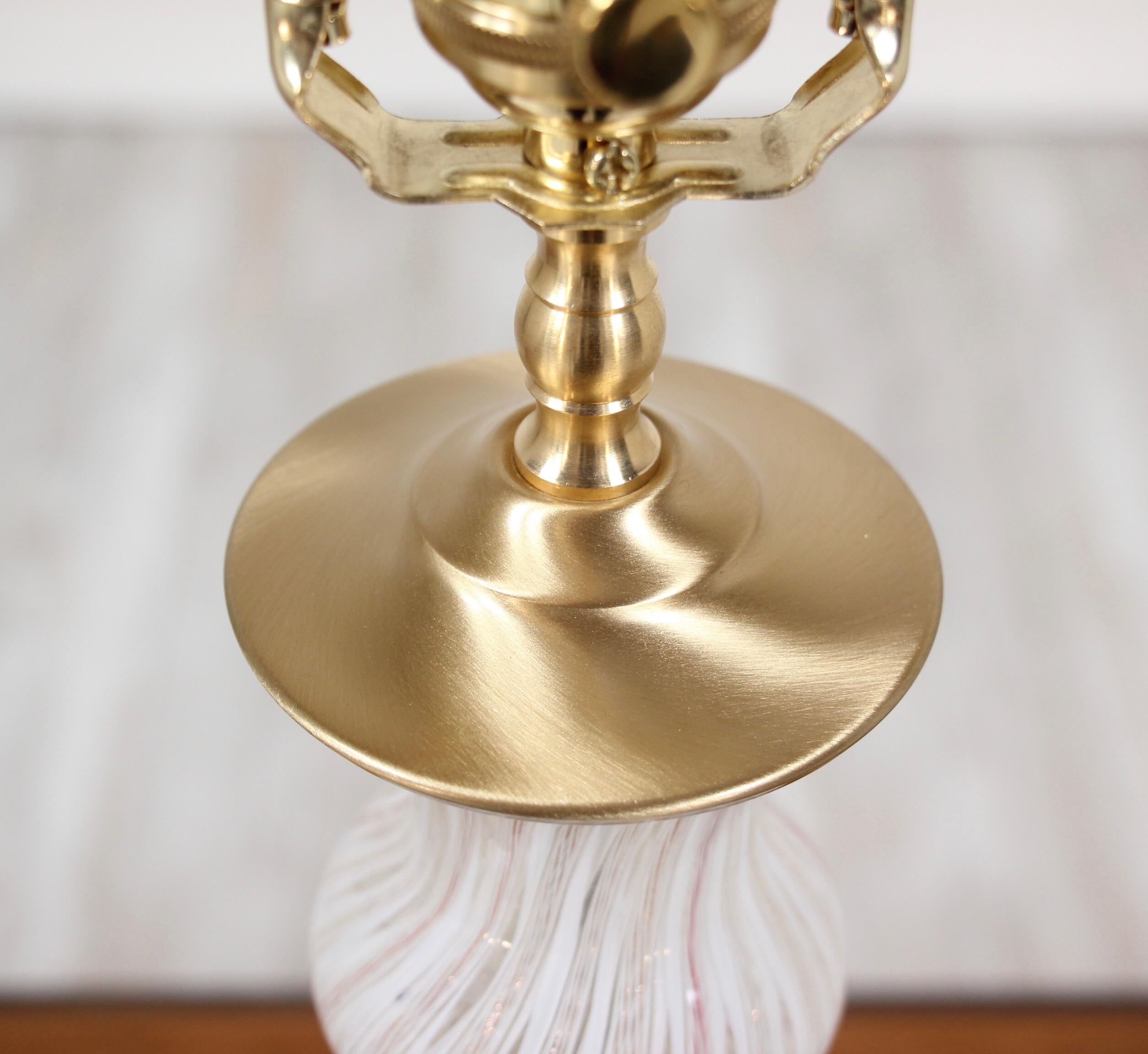 Brass Italian Murano Latticino Glass Lamps, a Pair