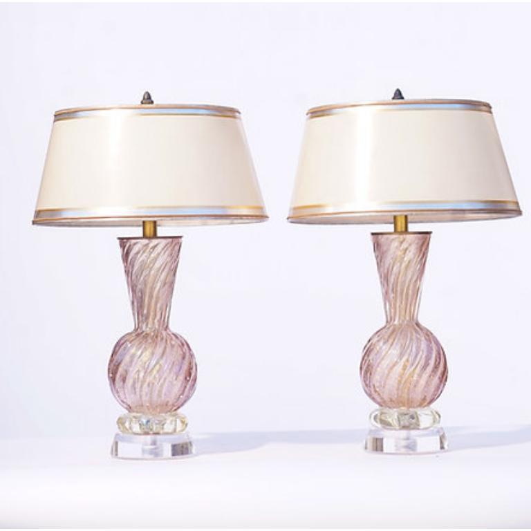Lampes lavande italiennes de Murano avec base en lucite, 20e siècle