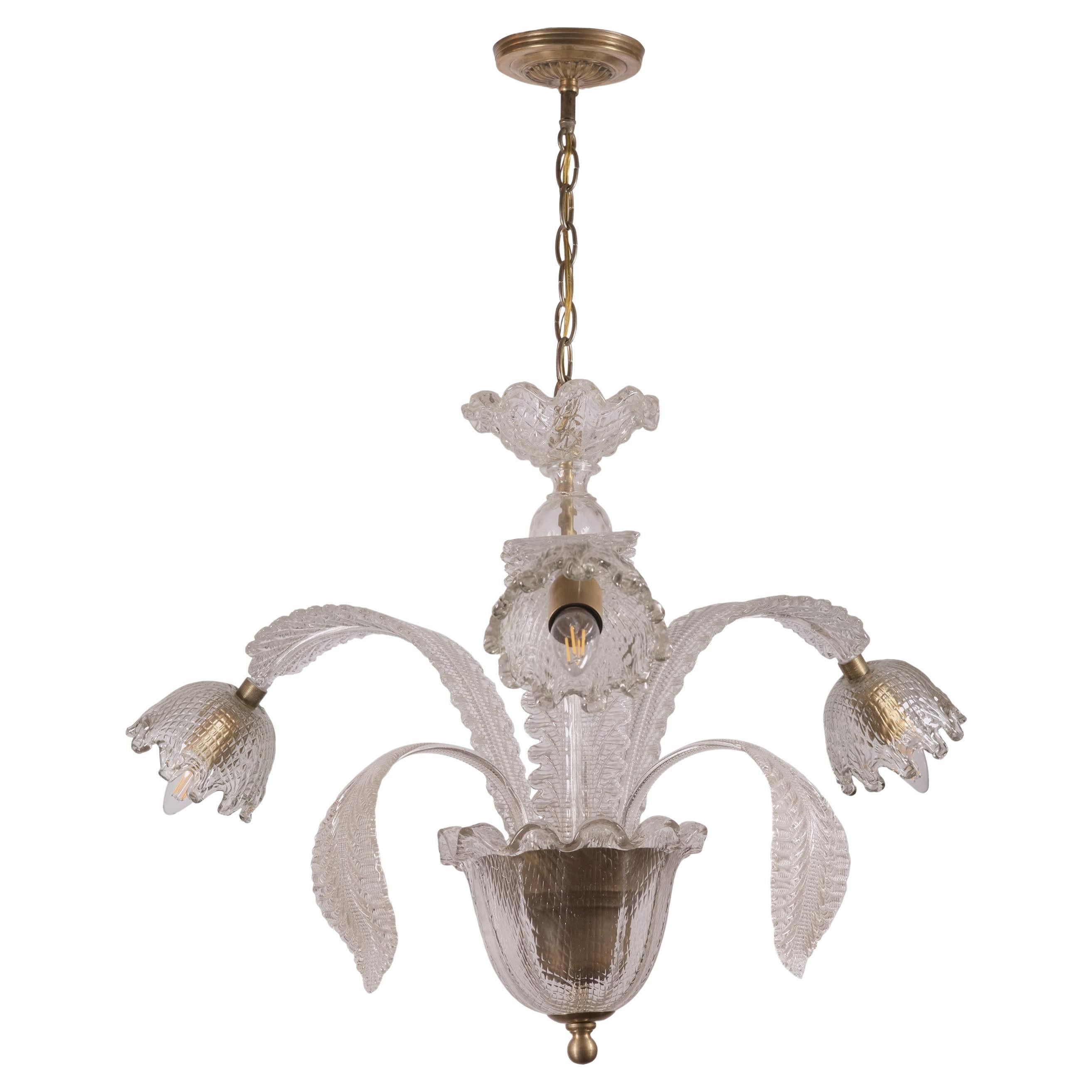 Italian Murano Leafy Clear Glass Floral 3 Arm Chandelier For Sale
