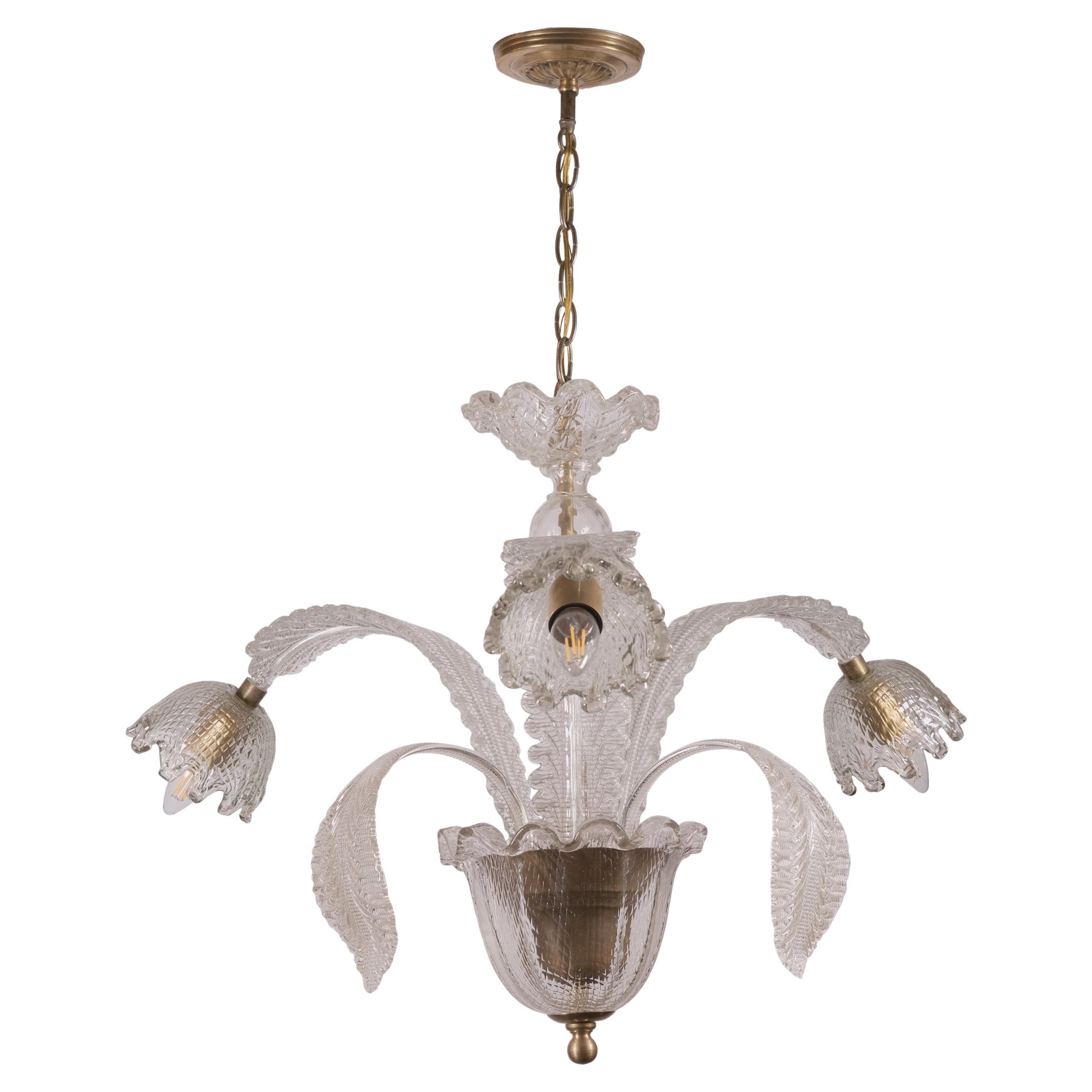 Italian Murano Leafy Clear Glass Floral 3 Arm Chandelier