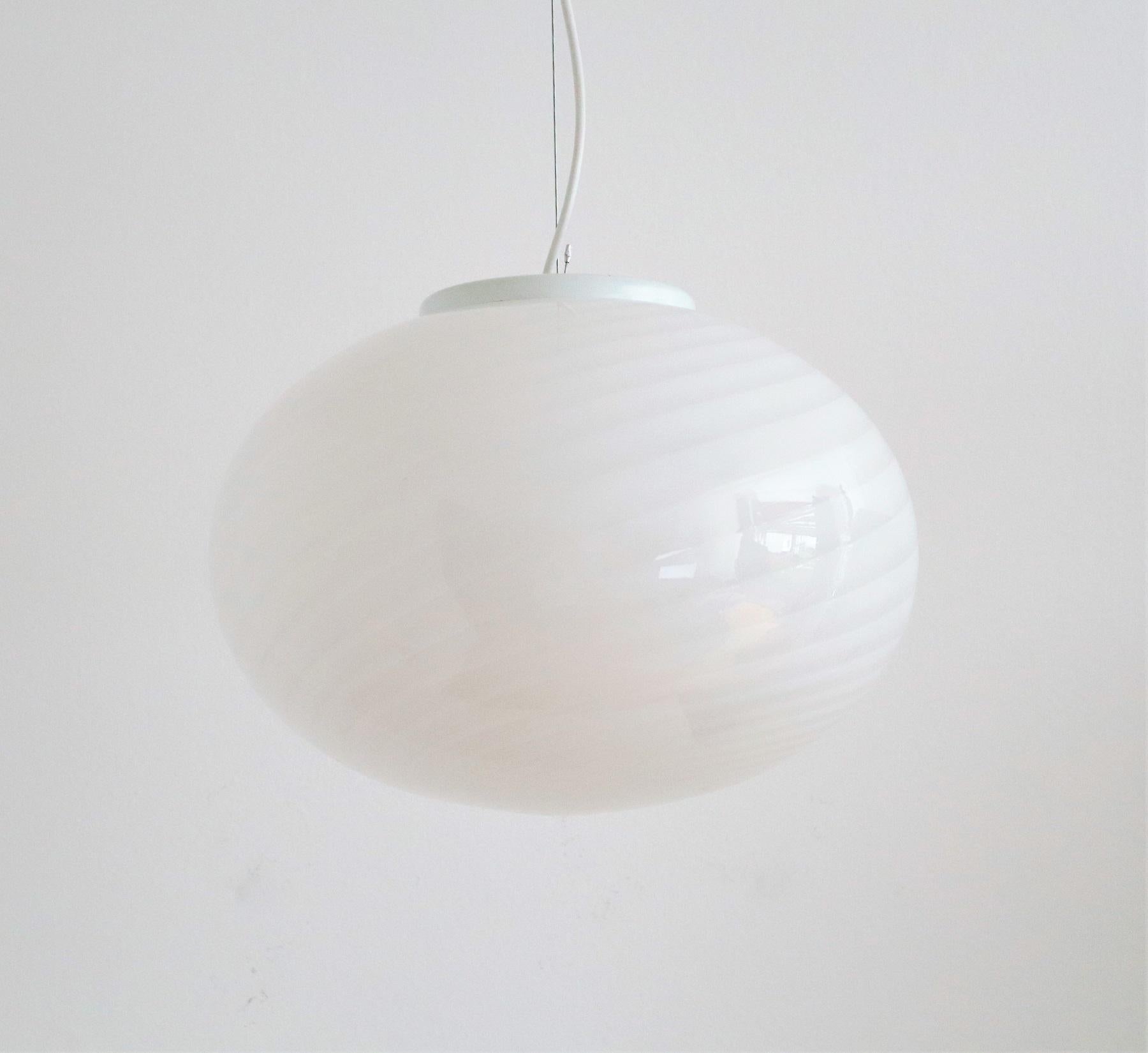 Italian Murano Midcentury Glass Globe Chandelier with Stripes and Metal Details 2