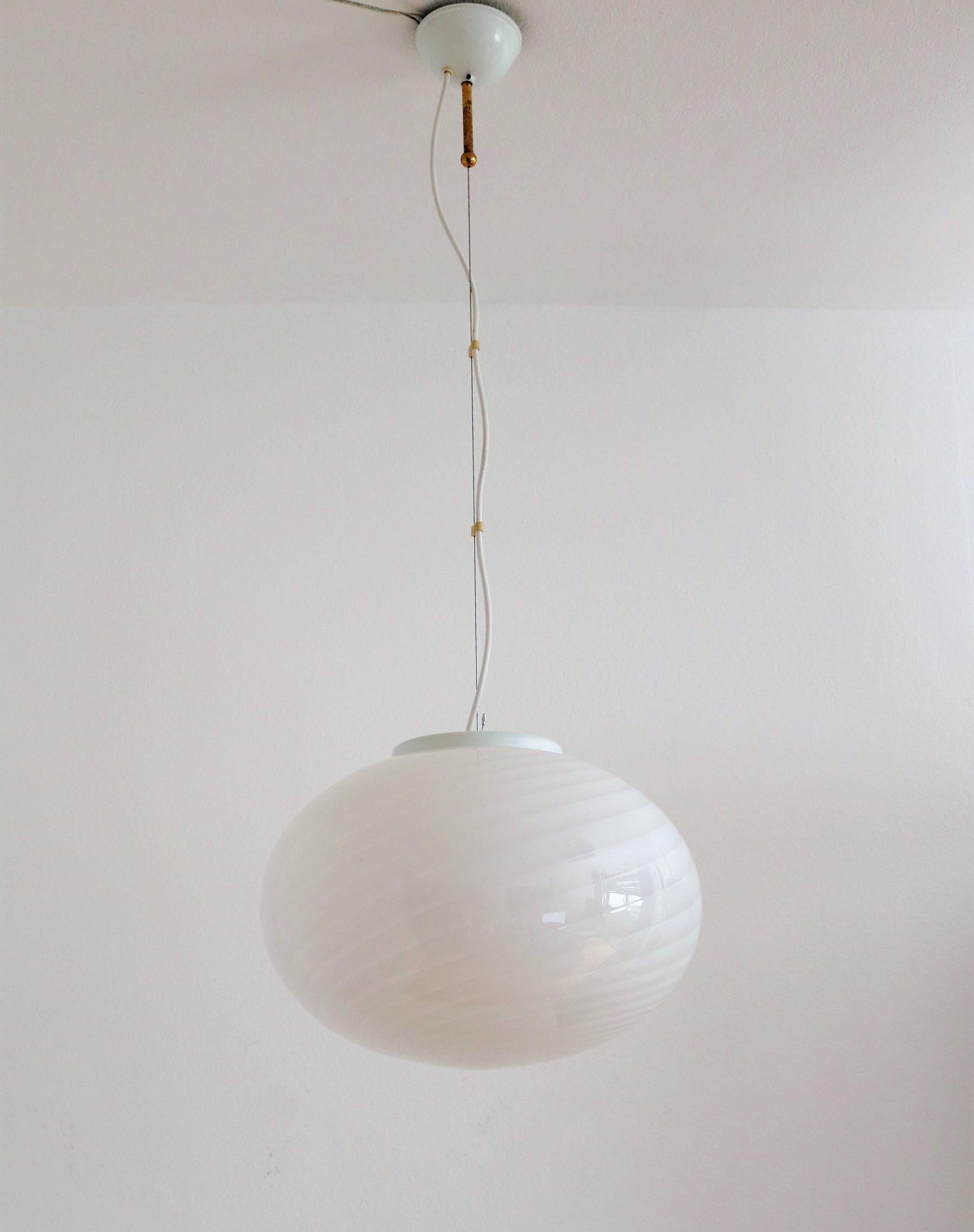 Italian Murano Midcentury Glass Globe Chandelier with Stripes and Metal Details 4