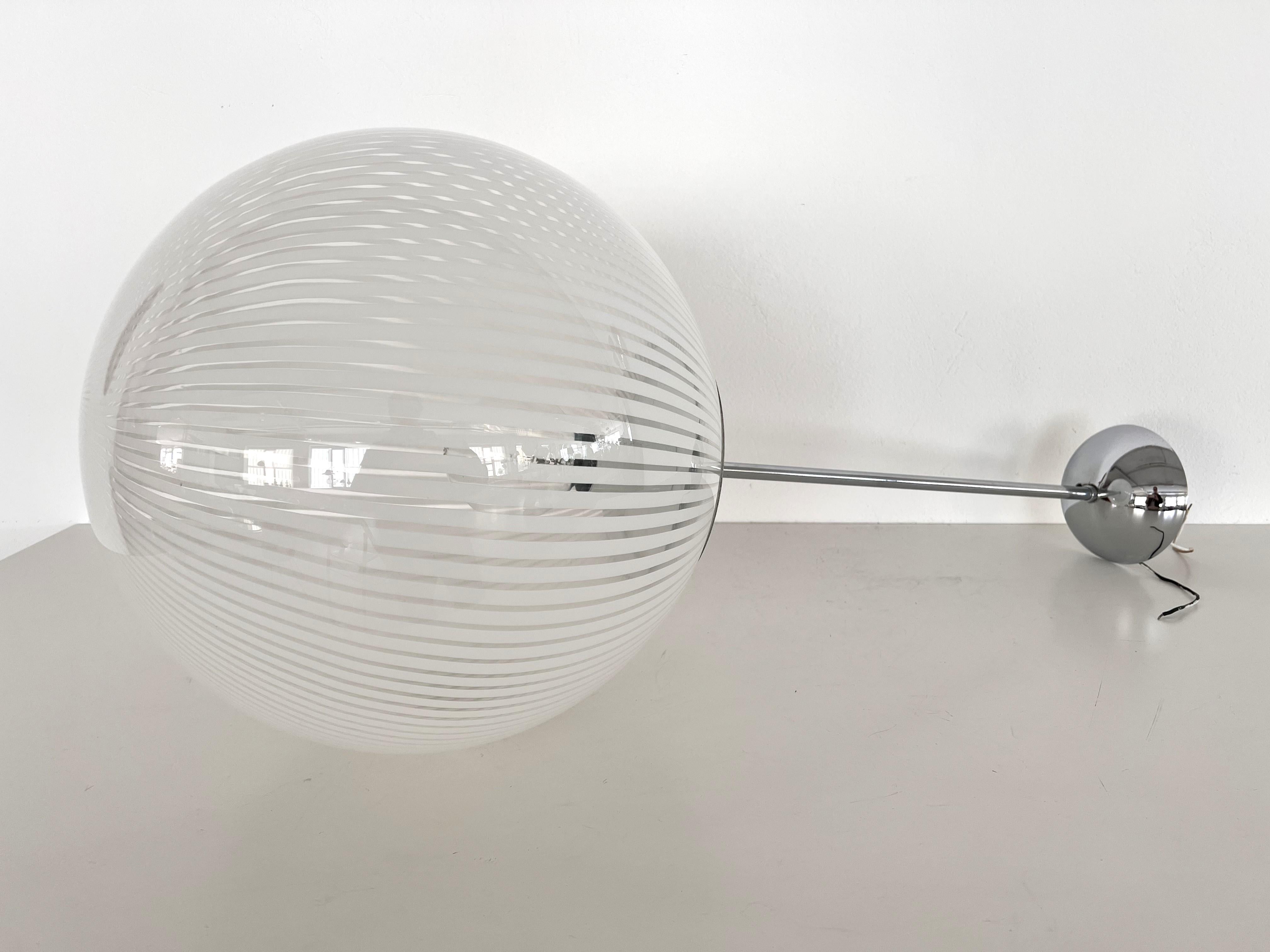 Italian Murano Midcentury Large White Striped Glass Globe Chandelier  For Sale 8