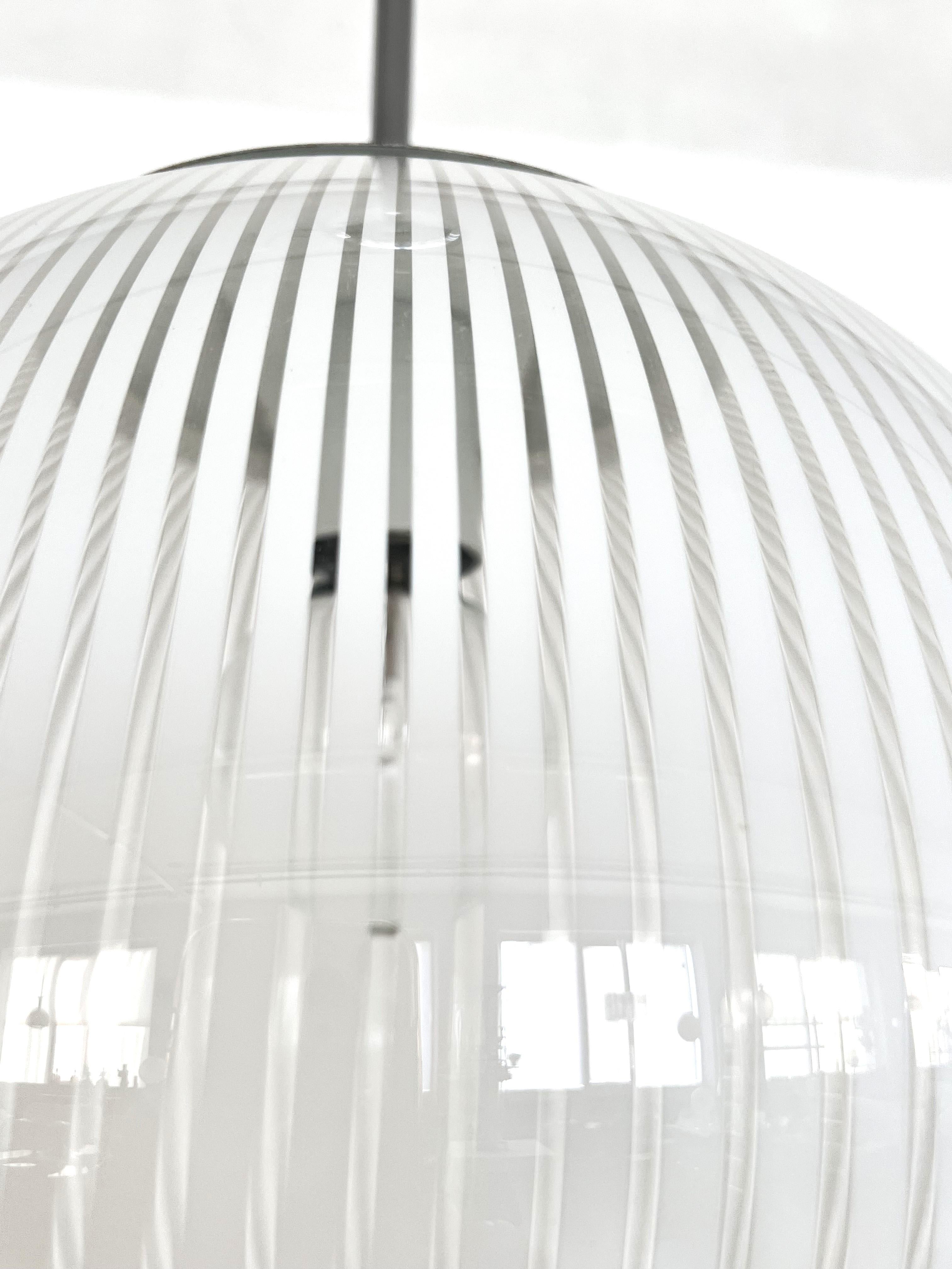 Late 20th Century Italian Murano Midcentury Large White Striped Glass Globe Chandelier  For Sale