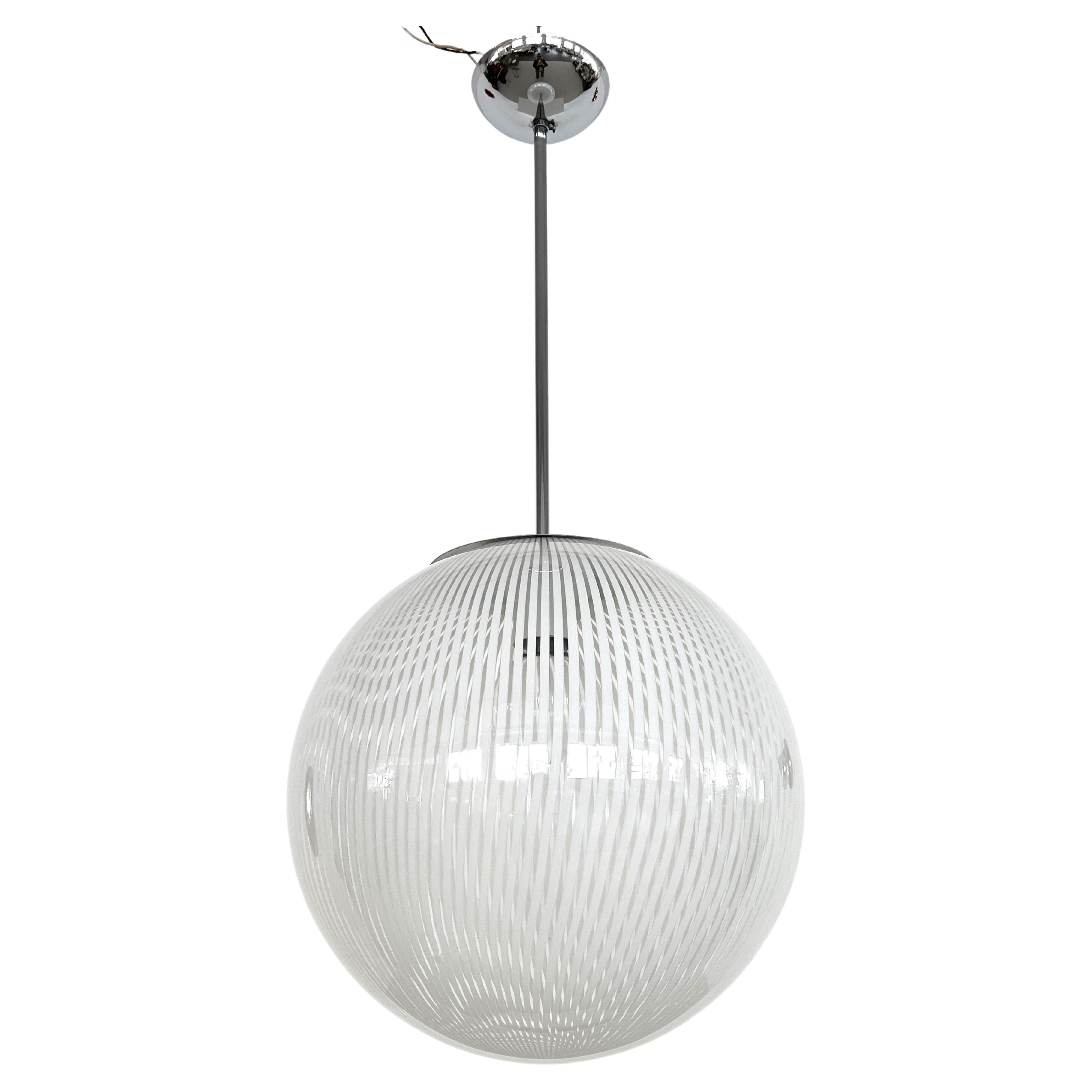 Italian Murano Midcentury Large White Striped Glass Globe Chandelier  For Sale