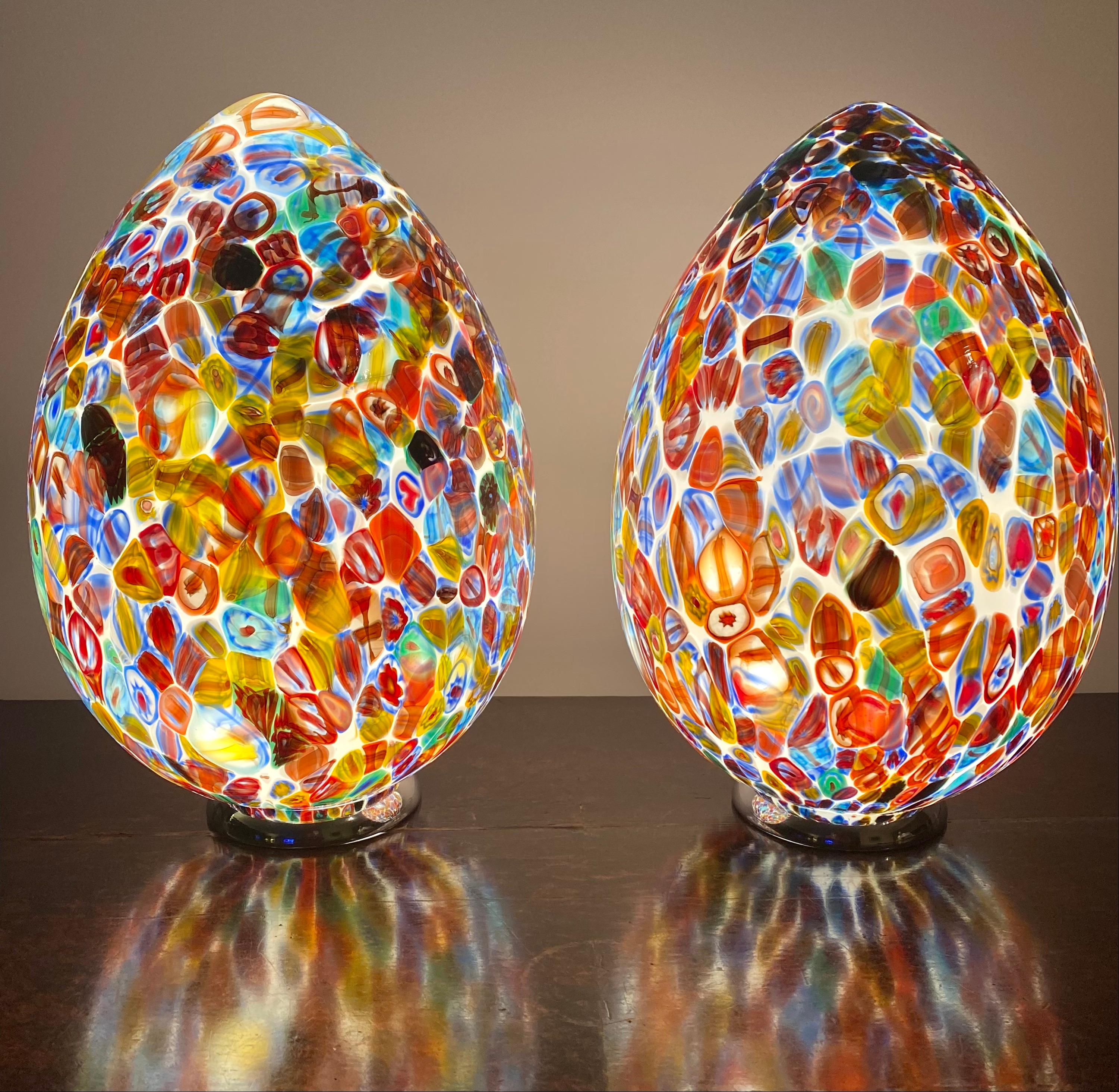 Italian Murano Millefiori Murrine Pair of Egg Shape Lamps, Circa 1985

A pair of very decorative and high quality Murano Millefiori Murrine egg shape lamps are a fantastic example of the kind of work the Murano glass Factories are capable of,