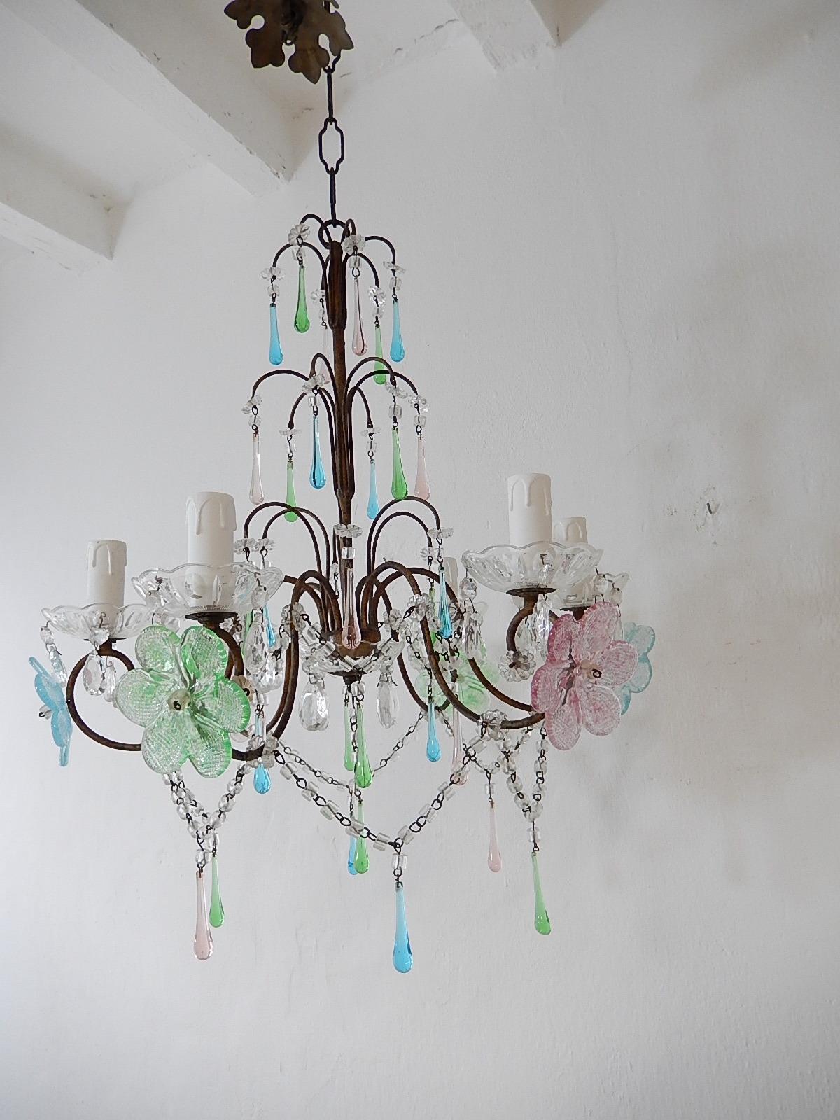Italian Murano Multi-Color Flowers & Drops Chandelier Blue Green Pink circa 1930 For Sale 5