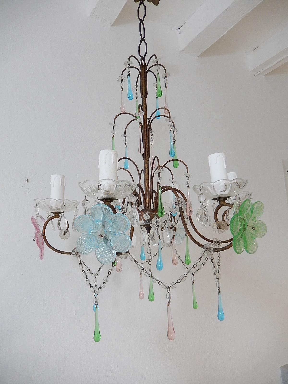 Italian Murano Multi-Color Flowers & Drops Chandelier Blue Green Pink circa 1930 In Good Condition For Sale In Modena (MO), Modena (Mo)