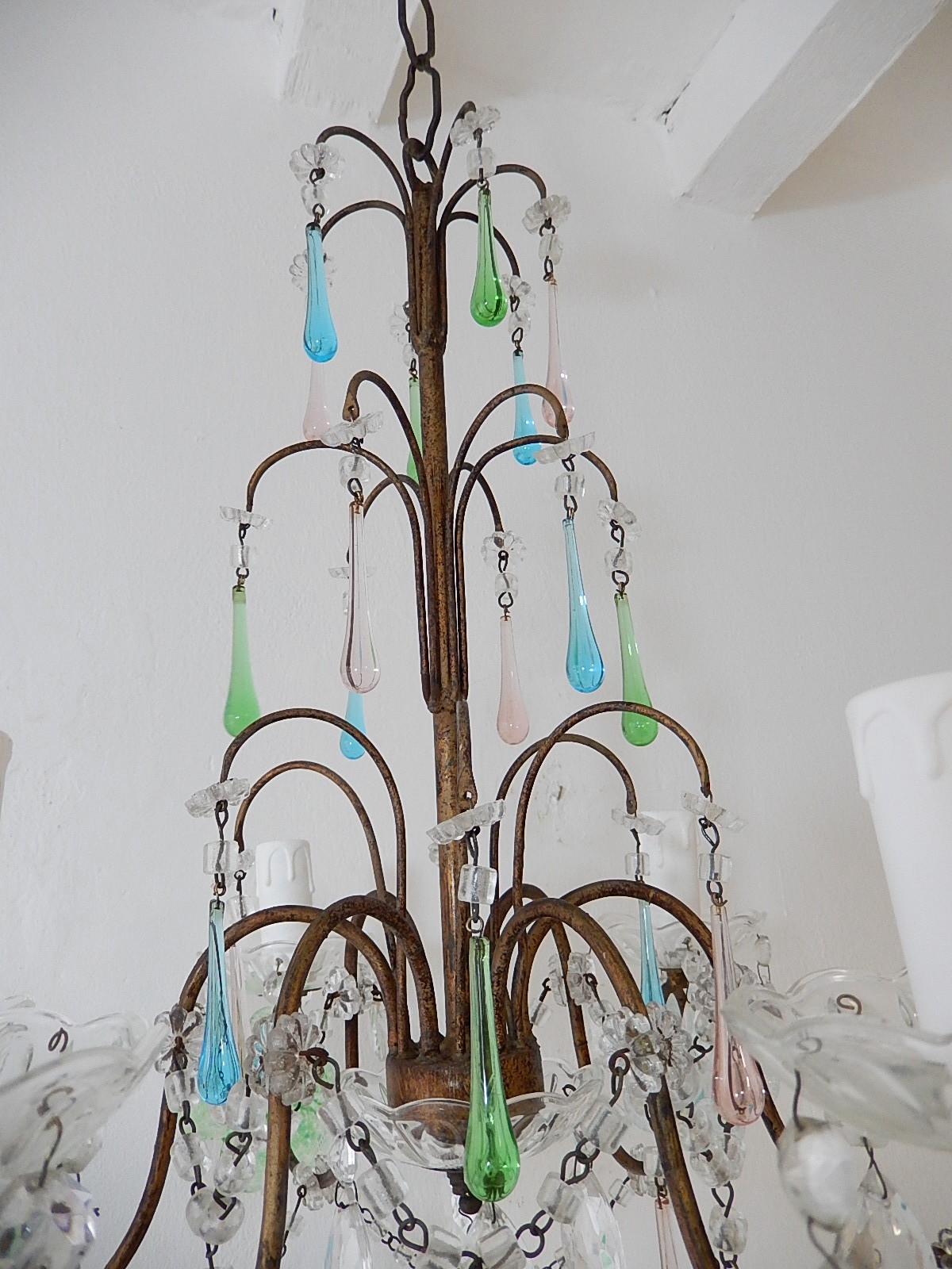 Mid-20th Century Italian Murano Multi-Color Flowers & Drops Chandelier Blue Green Pink circa 1930 For Sale