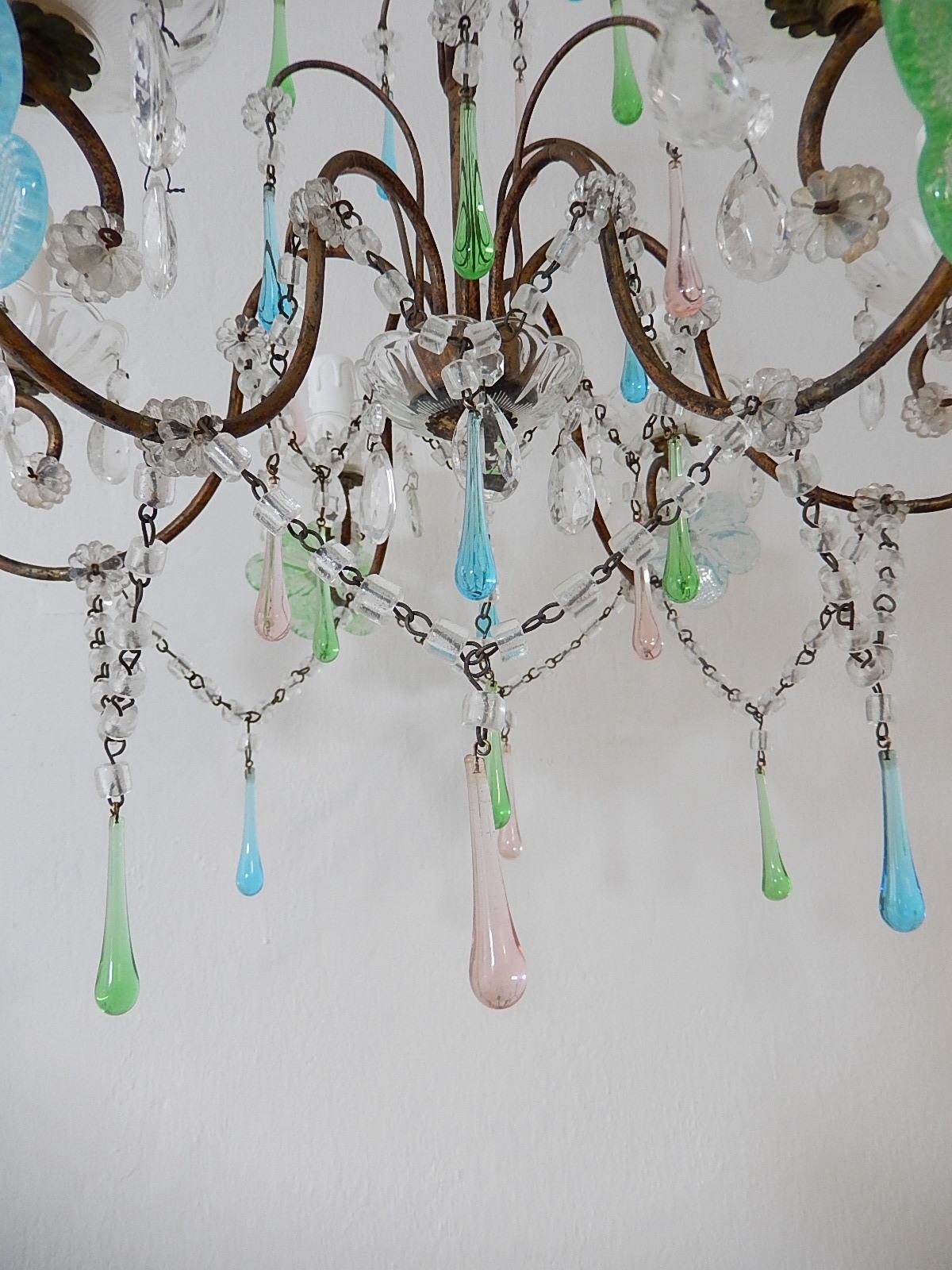 Crystal Italian Murano Multi-Color Flowers & Drops Chandelier Blue Green Pink circa 1930 For Sale