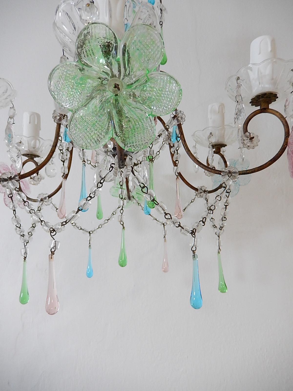 Italian Murano Multi-Color Flowers & Drops Chandelier Blue Green Pink circa 1930 For Sale 1