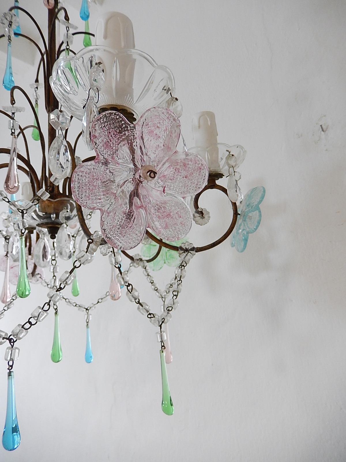Italian Murano Multi-Color Flowers & Drops Chandelier Blue Green Pink circa 1930 For Sale 2
