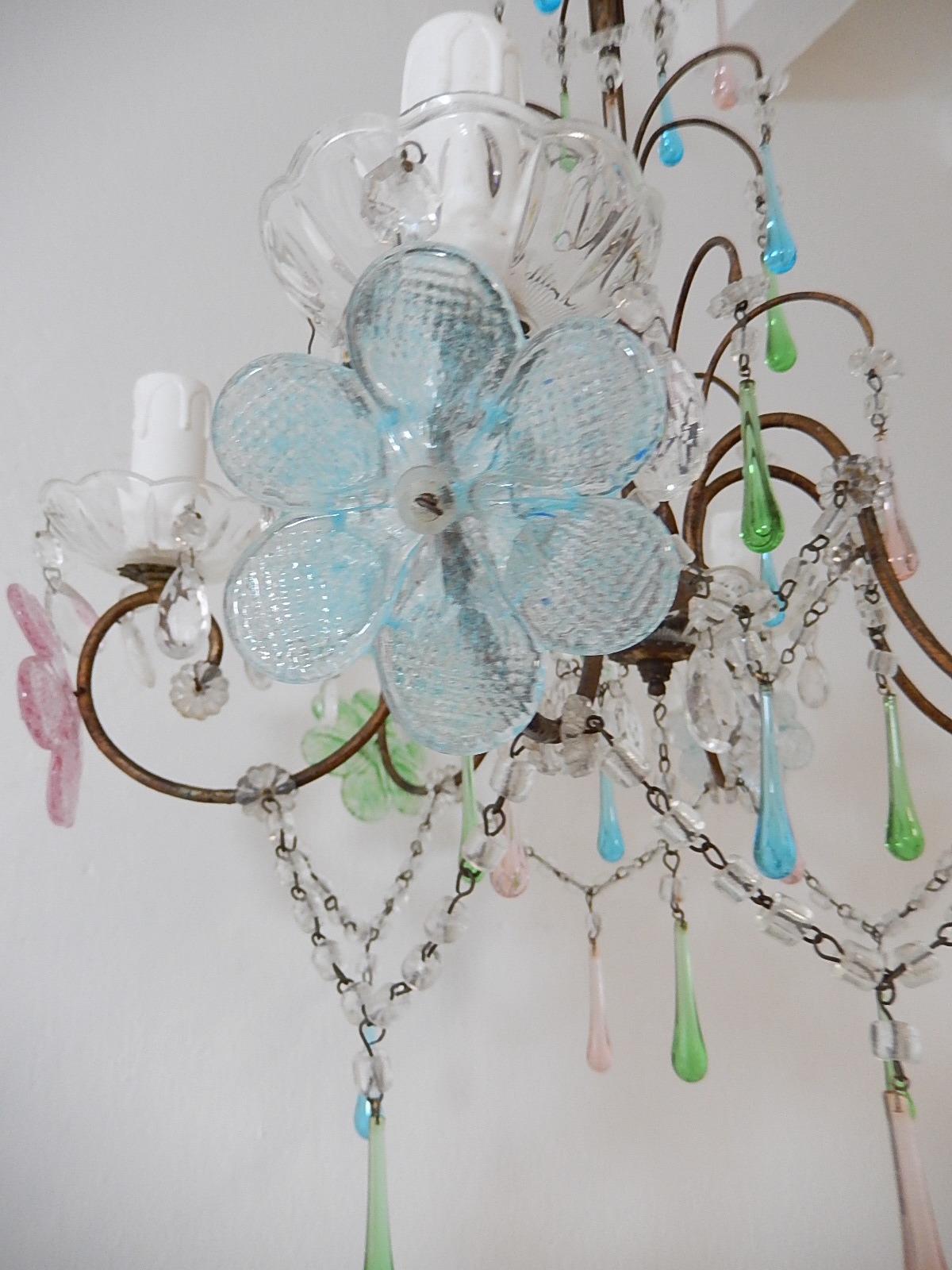 Italian Murano Multi-Color Flowers & Drops Chandelier Blue Green Pink circa 1930 For Sale 3