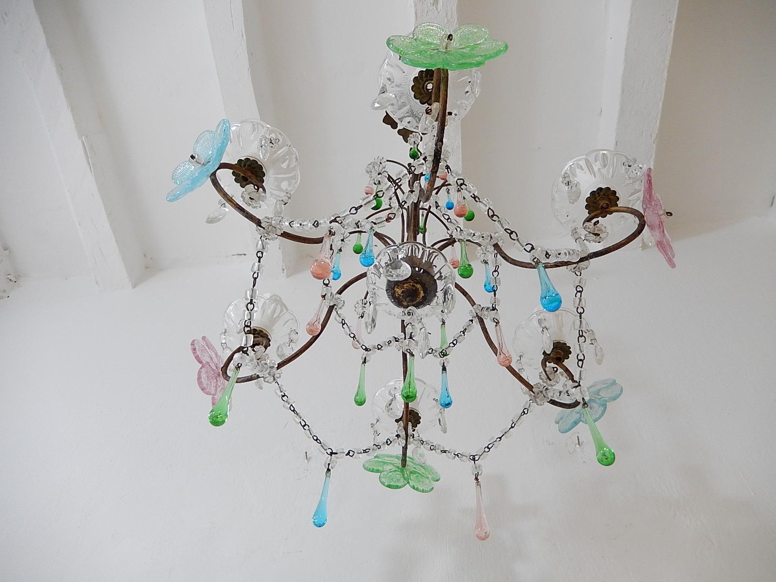 Italian Murano Multi-Color Flowers & Drops Chandelier Blue Green Pink circa 1930 For Sale 4