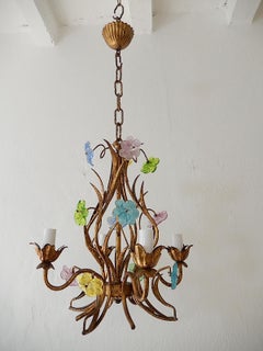 Italian Murano Multi-Color Pastel Flowers Gilt Tole Chandelier, circa 1950