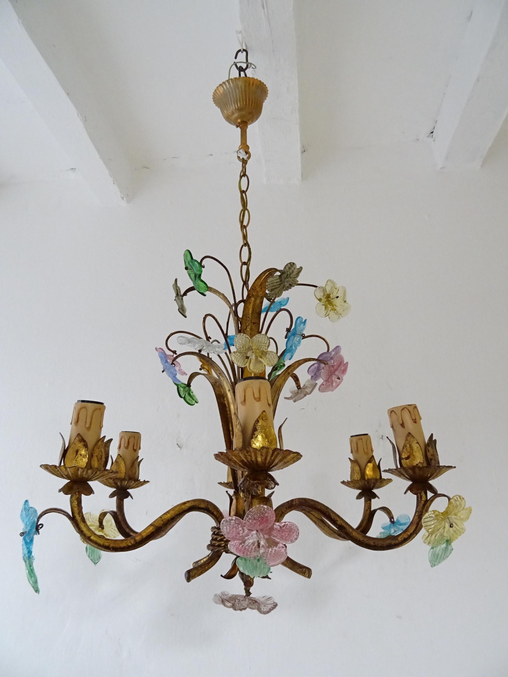 Housing 6-lights. Will be rewired with appropriate sockets for country and ready to hang. (for USA, we install UL US certified sockets) Chippy Gilt tole with Murano glass flowers in big and small. Adding 12 inches of original chain and canopy.