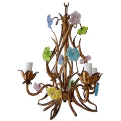 Italian Murano Multi-Color Pastel Flowers Gilt Tole Chandelier, circa 1950