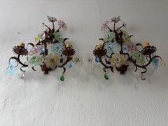 Italian Murano Multicolor Prisms Flowers Gilt Metal Sconces, c 1930