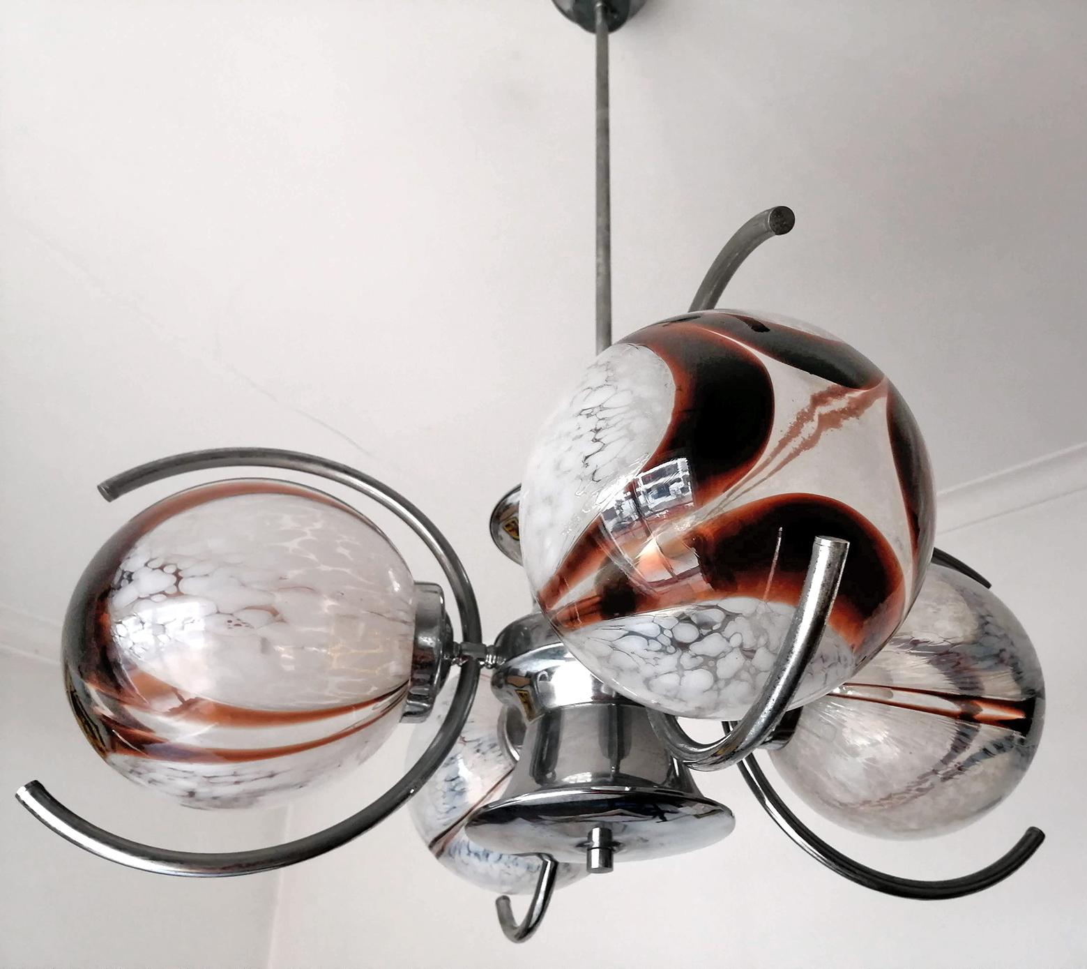 Hand-Crafted Italian Murano Nason Mazzega Amber Art Glass Modernist Chrome Chandelier For Sale