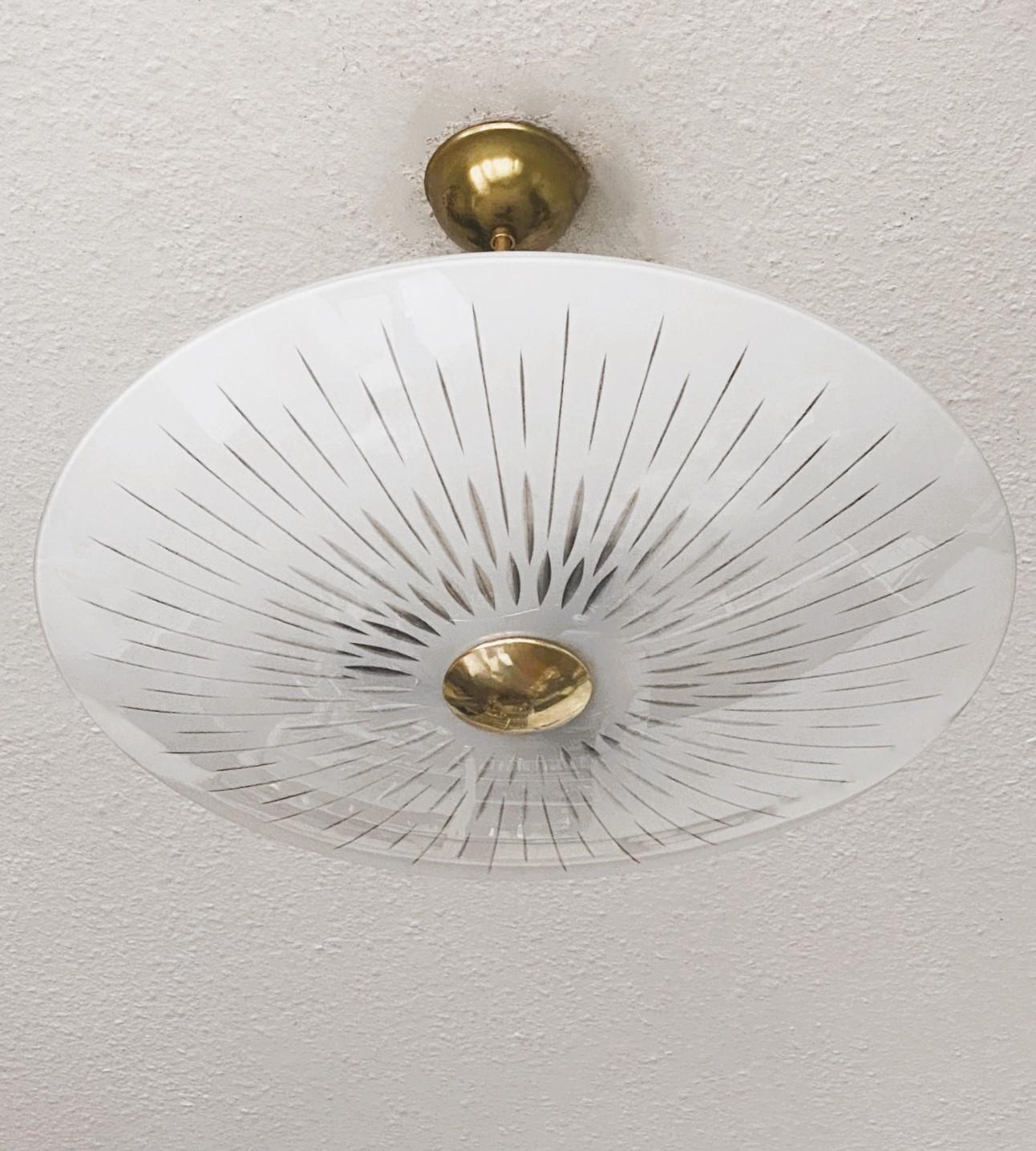 Mid-Century Modern Italian Murano Opalescent Glass Brass Fontana Arte Style Ceiling Light, 1950s For Sale