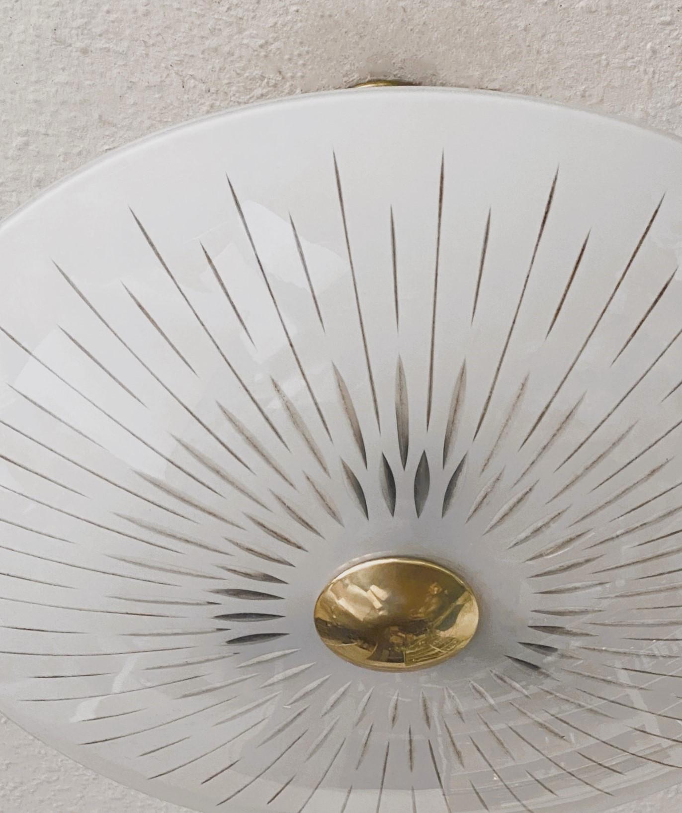 Etched Italian Murano Opalescent Glass Brass Fontana Arte Style Ceiling Light, 1950s For Sale