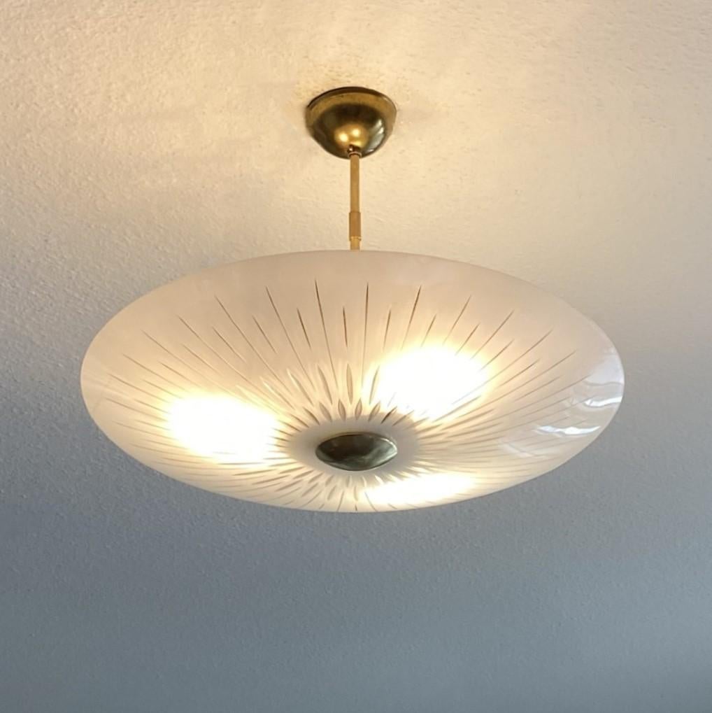 20th Century Italian Murano Opalescent Glass Brass Fontana Arte Style Ceiling Light, 1950s For Sale