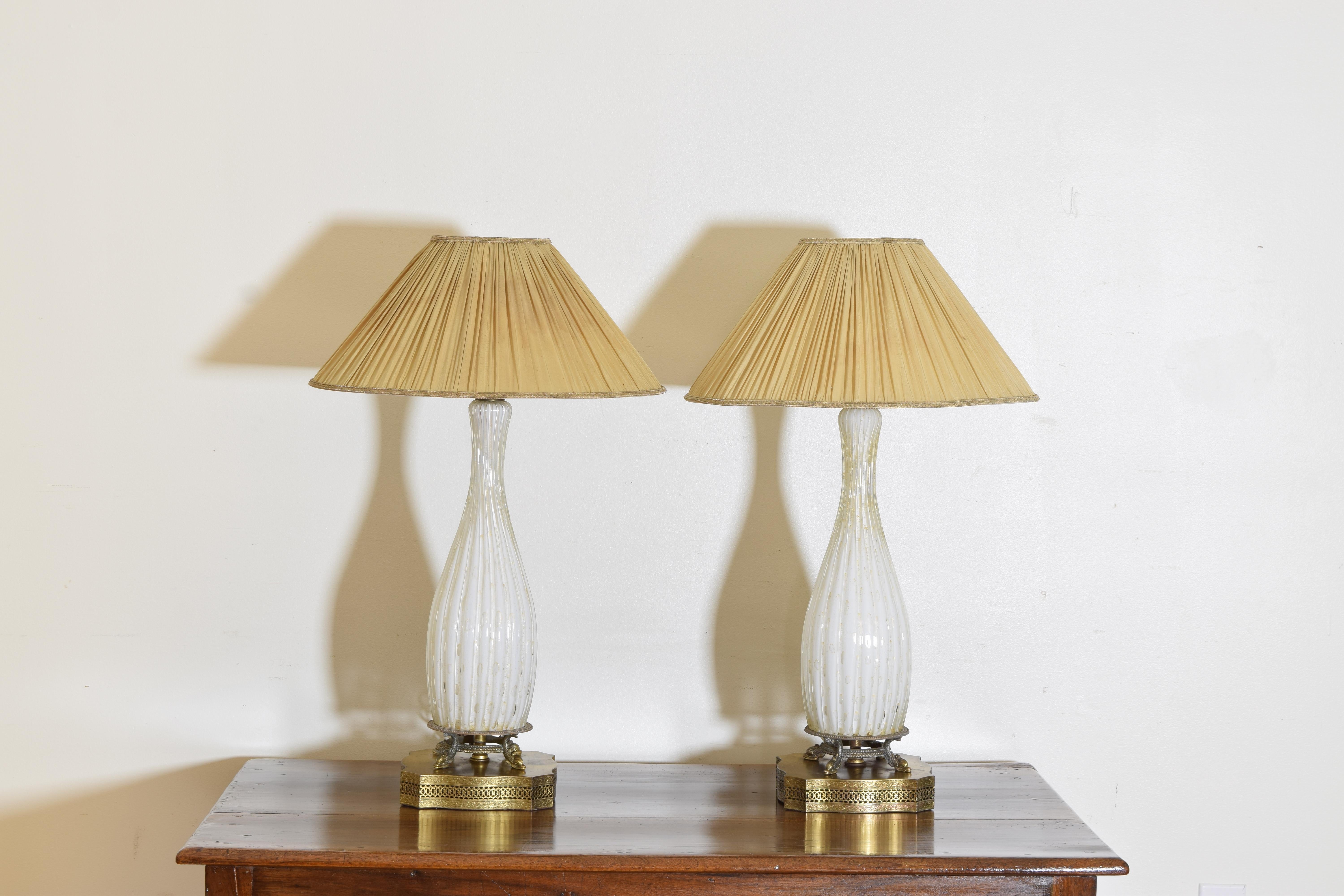 Art Deco Italian, Murano, Pair Blown Glass & Brass Table Lamps, Custom Shades, ca. 1920s For Sale