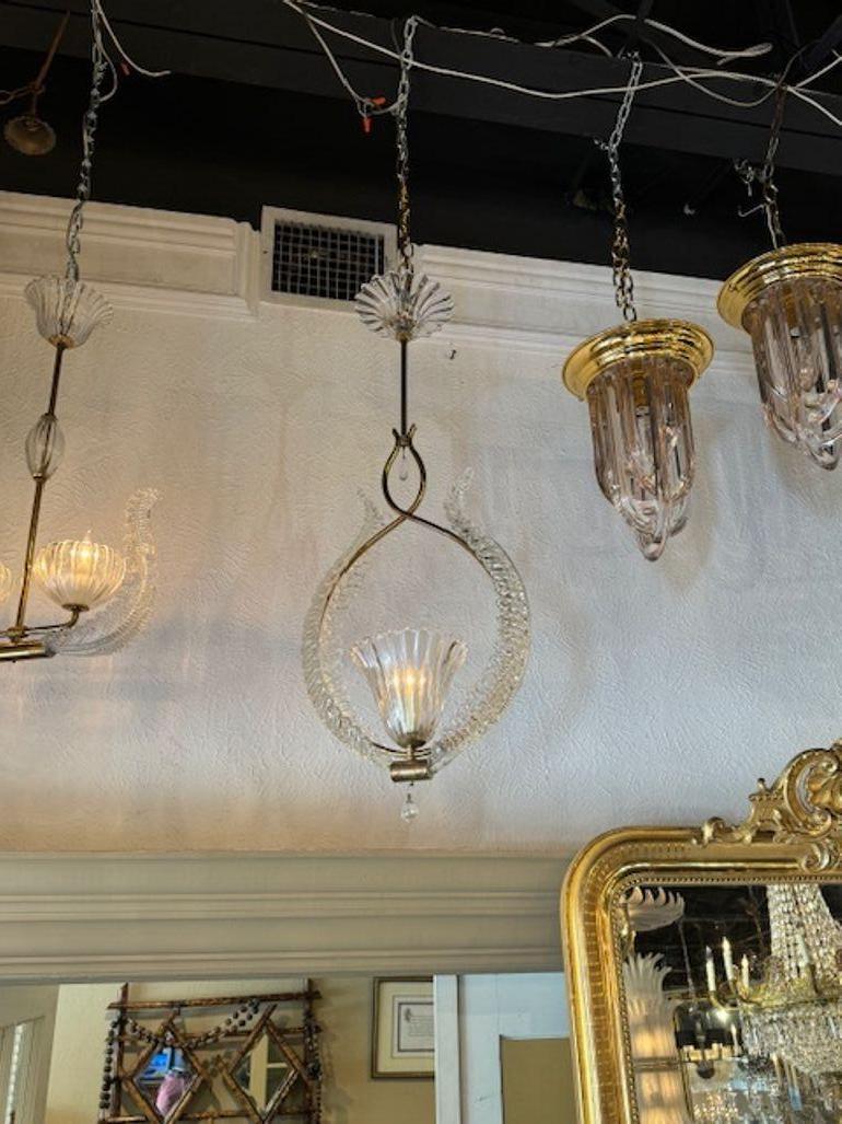 Vintage Italian Murano glass and brass pendant after Barovier & Toso. The chandelier has been professionally rewired, comes with matching chain and canopy. It is ready to hang!