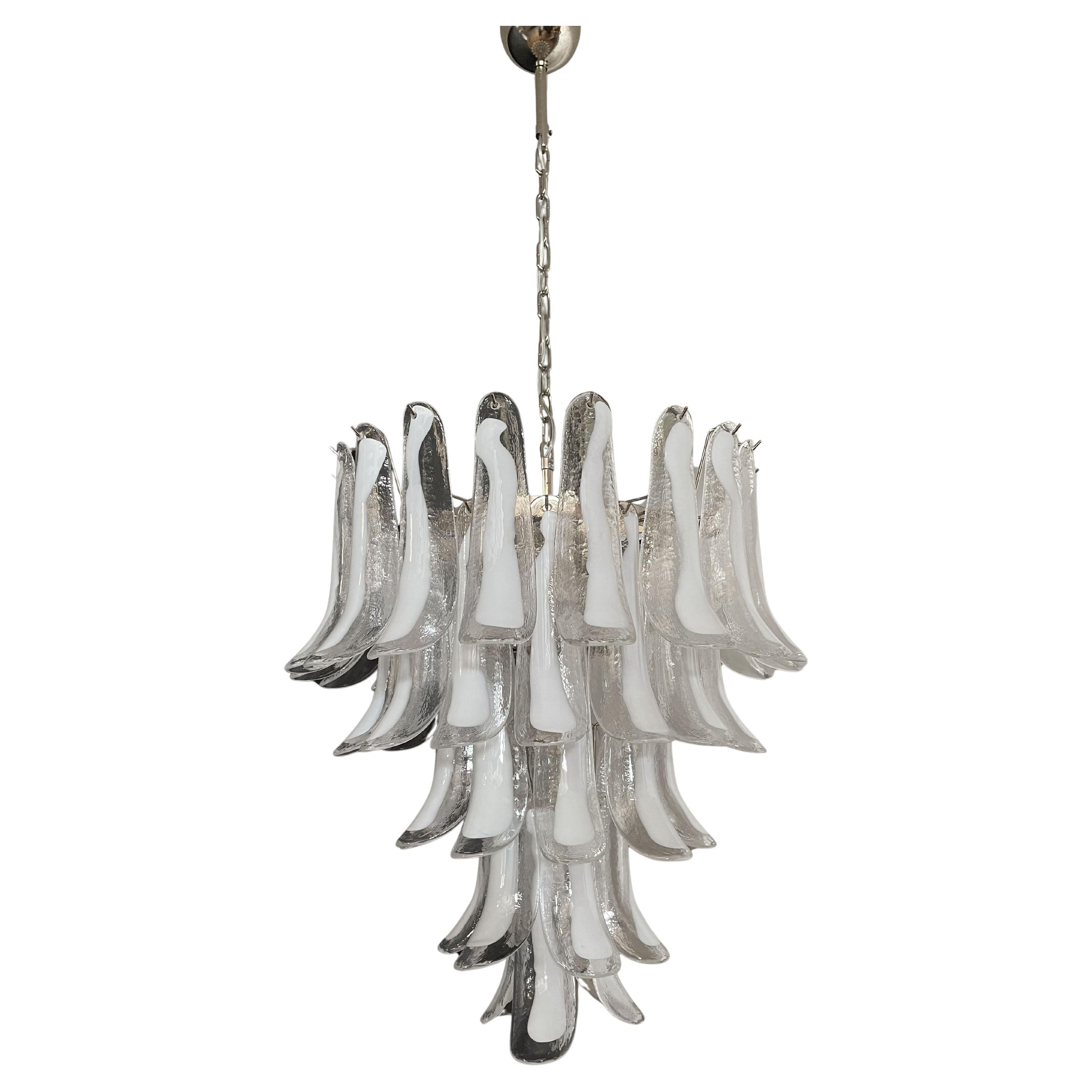 Huge Italian vintage Murano chandelier made by 52 glass petals (transparent crystal, smooth outside, with crystal powder and then rough inside
Period: 1970s-1980s

Dimensions: 55.10 inches (140 cm) height with chain, 29.50 inches (75 cm) height