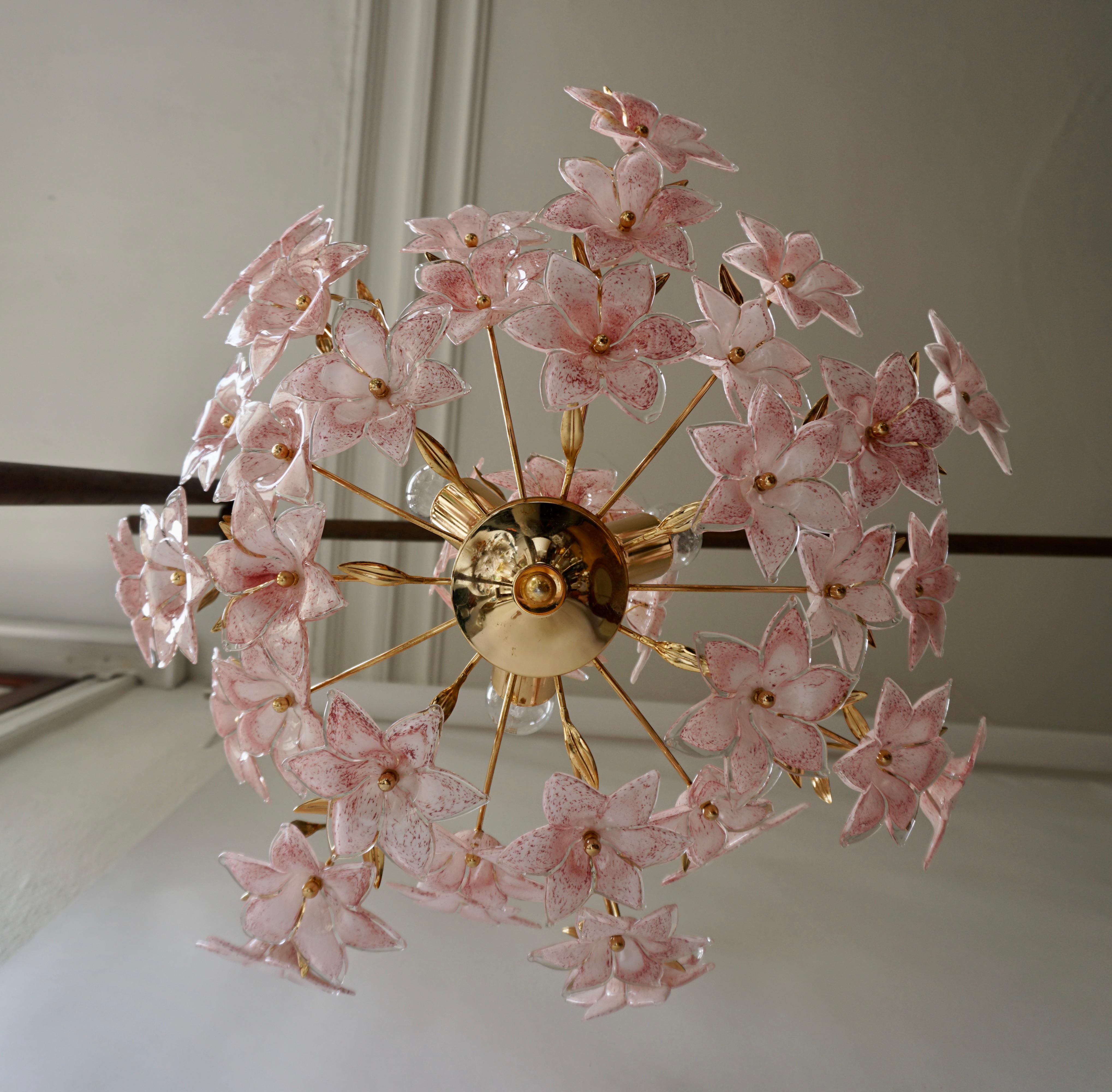 Plated Gold Pink Round Chandelier Murano Franco Luce Design 1970s Italian Flowers