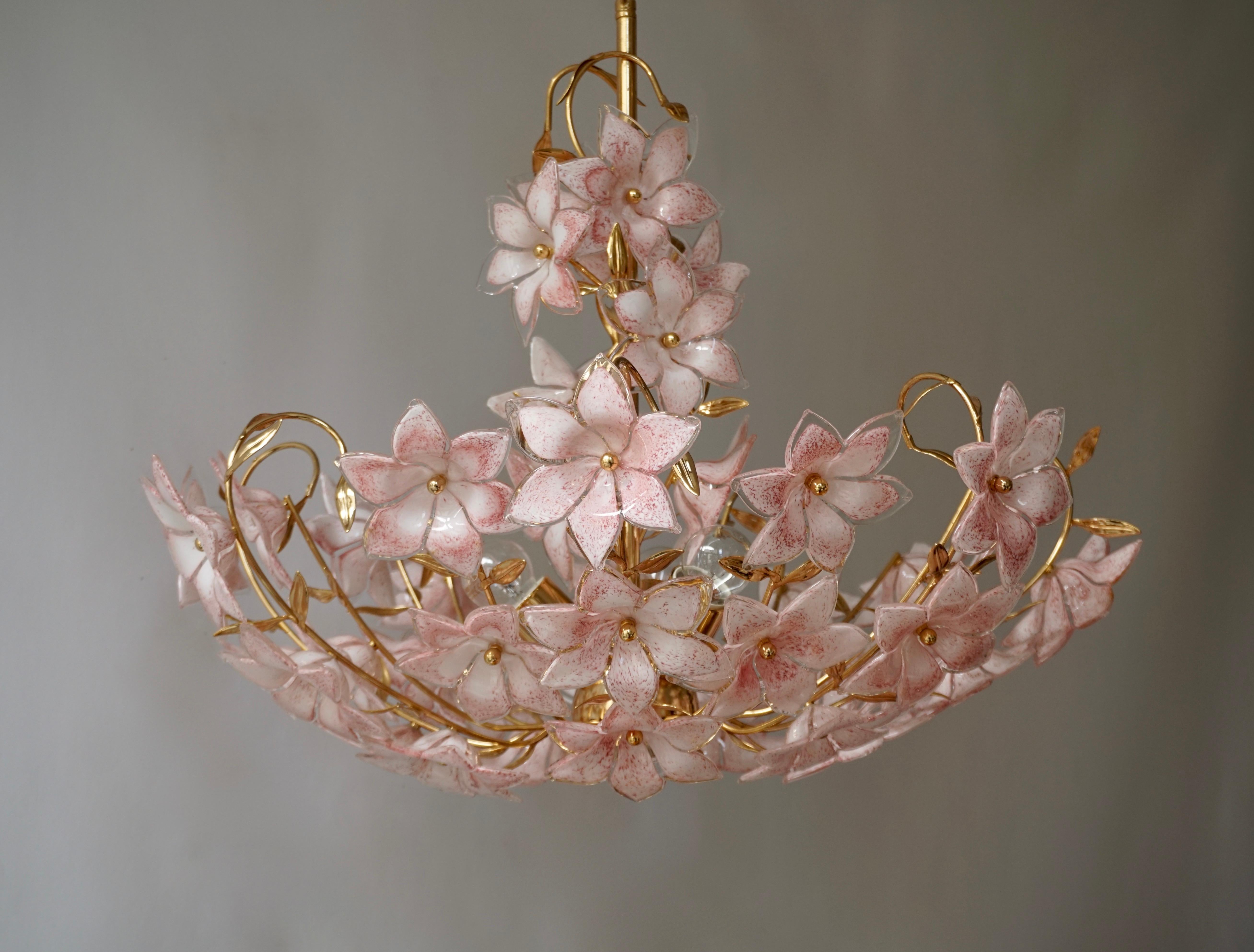 20th Century Gold Pink Round Chandelier Murano Franco Luce Design 1970s Italian Flowers