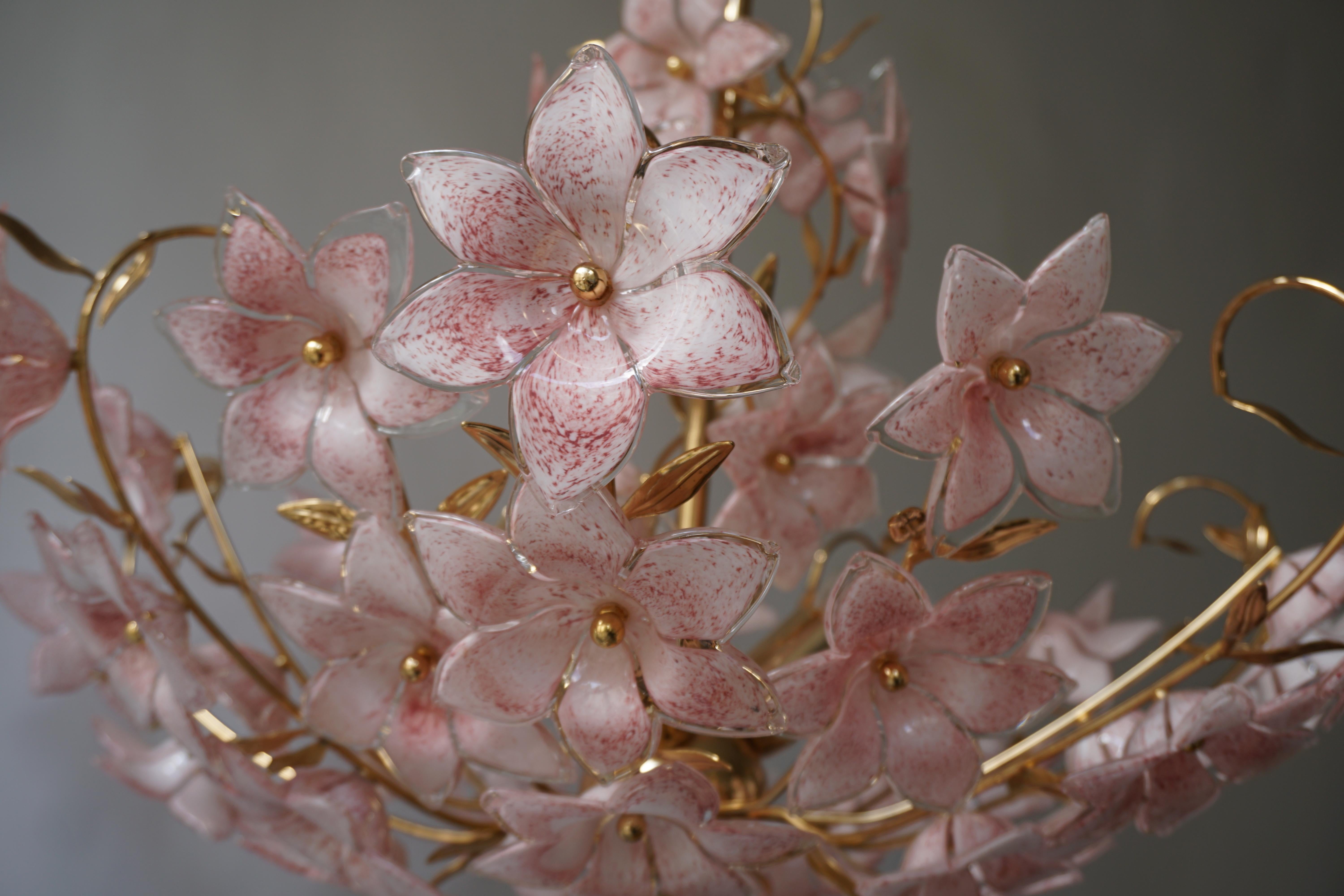 Gold Pink Round Chandelier Murano Franco Luce Design 1970s Italian Flowers 1