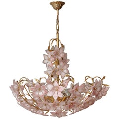 Gold Pink Round Chandelier Murano Franco Luce Design 1970s Italian Flowers