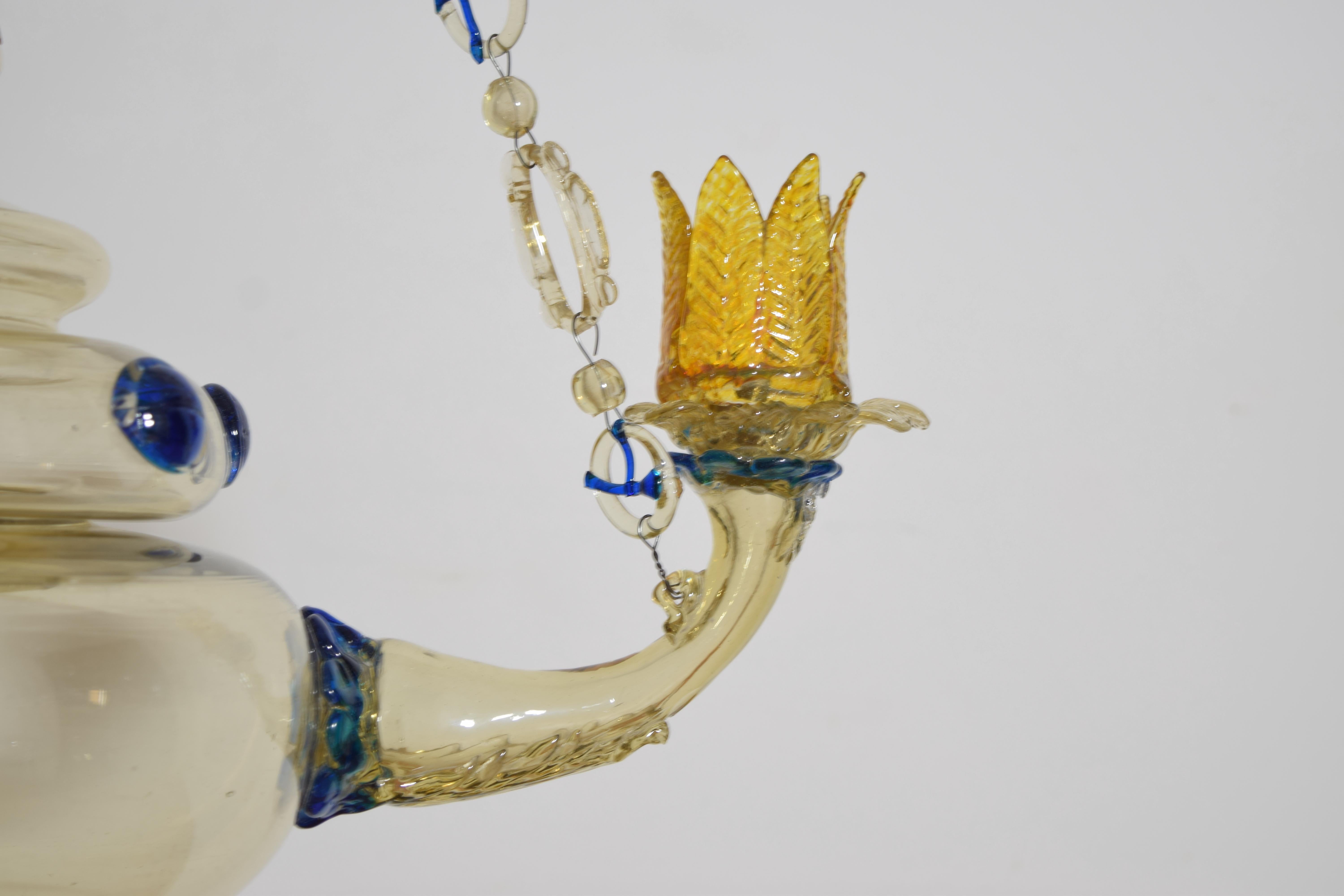 Araña colgante de 3 luces, italiana, de Murano, rara, de vidrio soplado y coloreado, ca. 1900 en venta 4