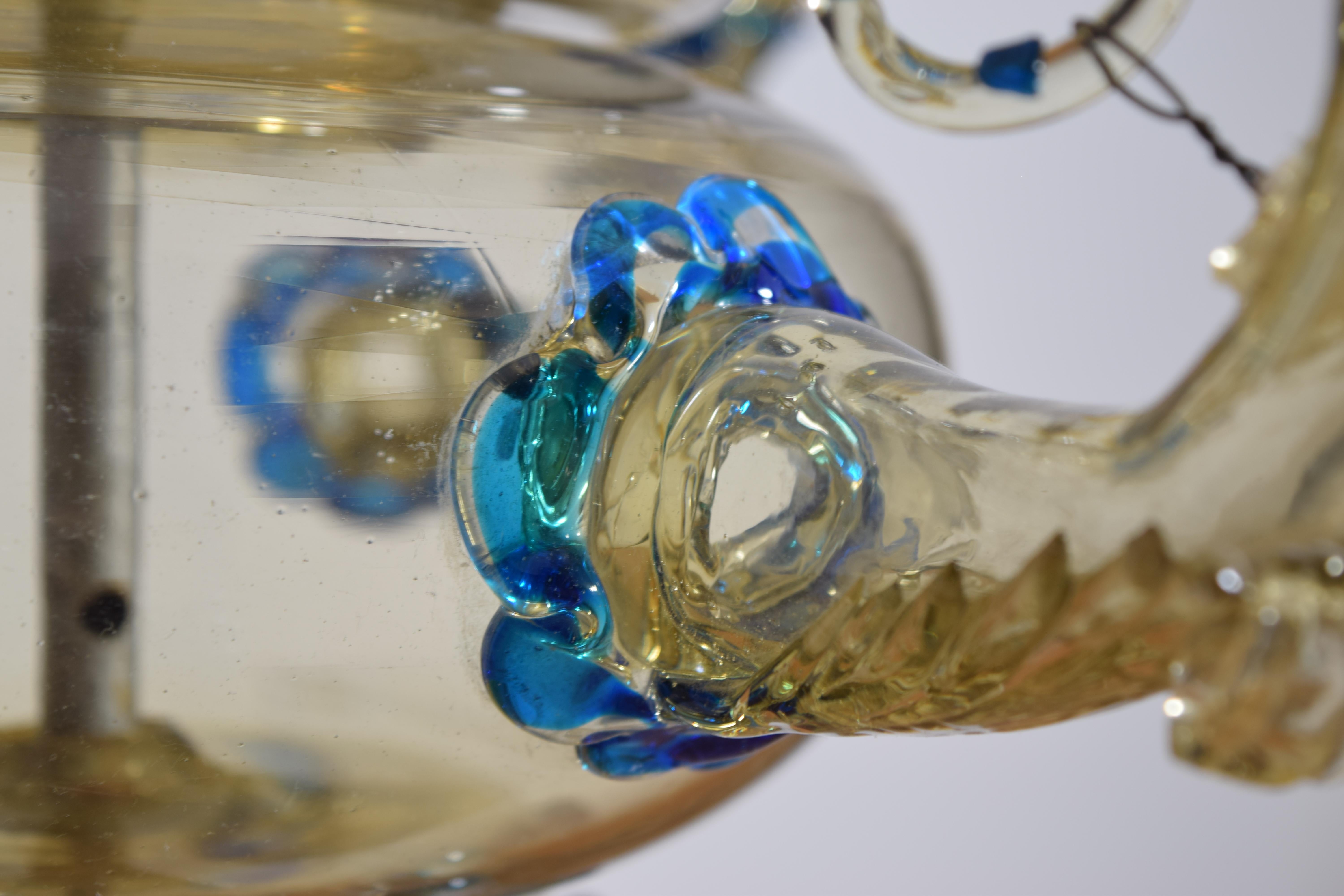 Araña colgante de 3 luces, italiana, de Murano, rara, de vidrio soplado y coloreado, ca. 1900 en venta 6