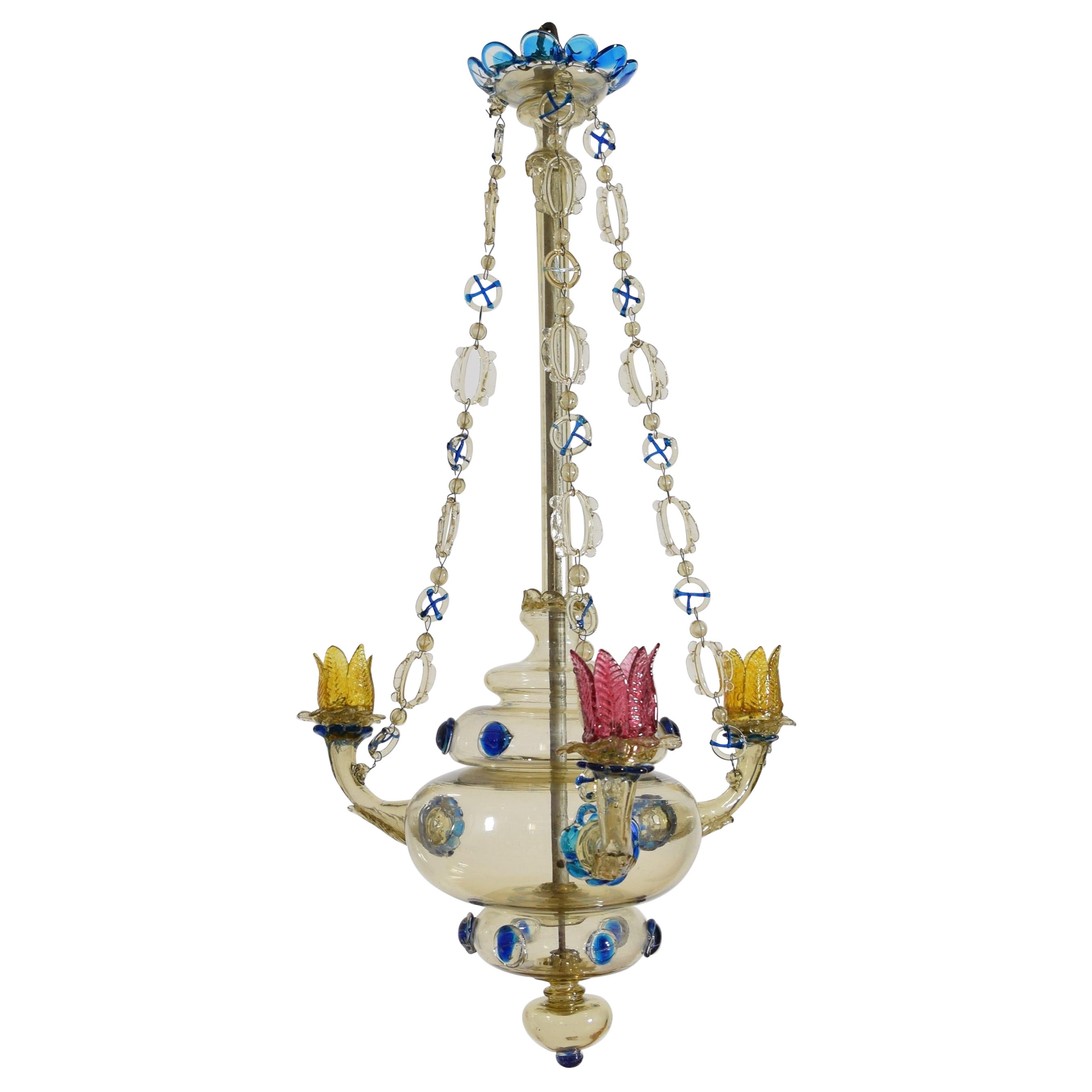 Araña colgante de 3 luces, italiana, de Murano, rara, de vidrio soplado y coloreado, ca. 1900 en venta