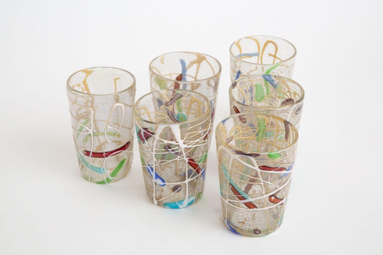 Modern Italian Murano Red, White,Green, Turquoise, Purple, Blue Glass Tumblers Set of 6 For Sale