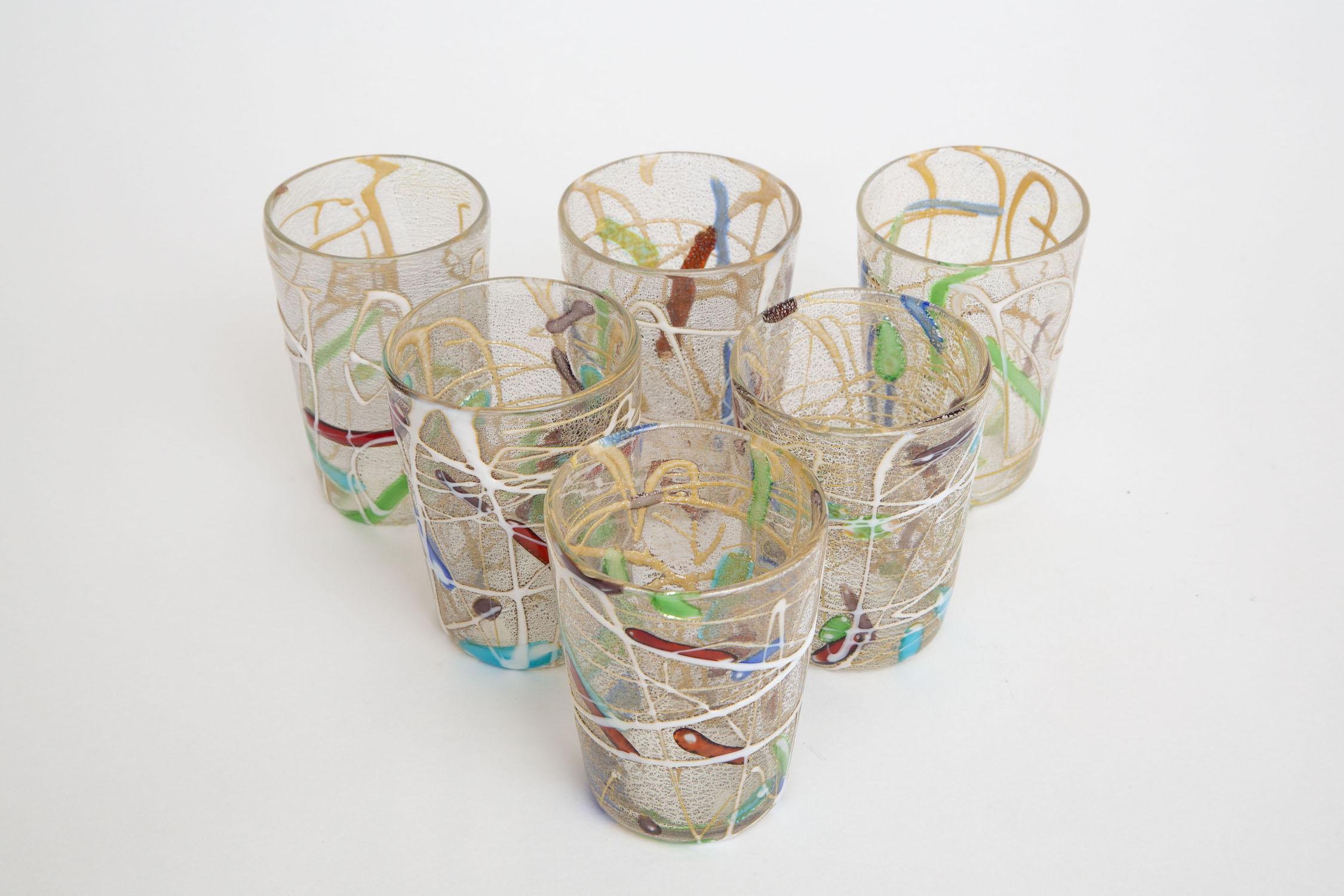 Italian Vintage Murano Red, White, Green, Turquoise, Purple, Blue Glasses S/ 6 Barware For Sale