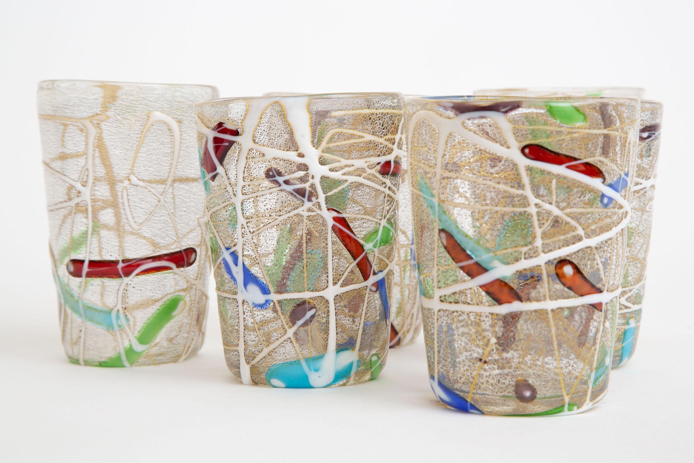 Vintage Murano Red, White, Green, Turquoise, Purple, Blue Glasses S/ 6 Barware In Good Condition For Sale In North Miami, FL