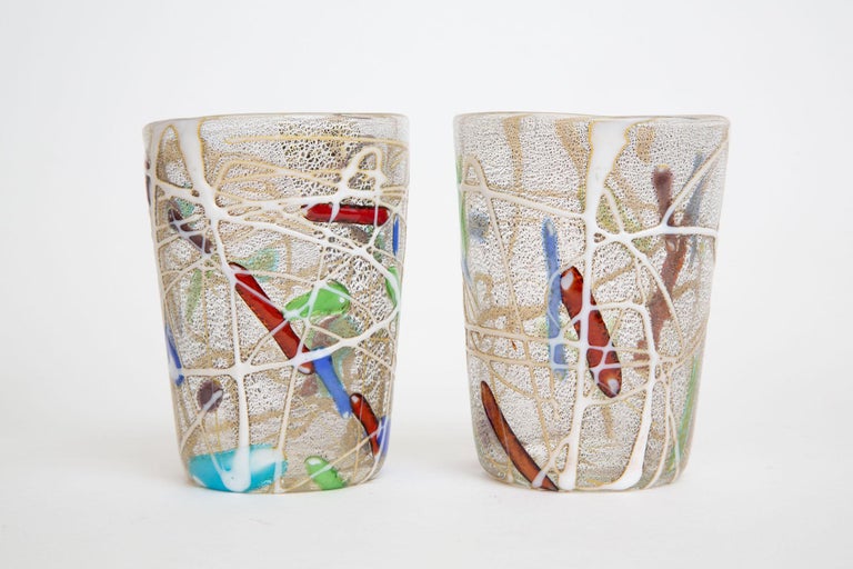 Gold Italian Murano Red, White,Green, Turquoise, Purple, Blue Glass Tumblers Set of 6 For Sale