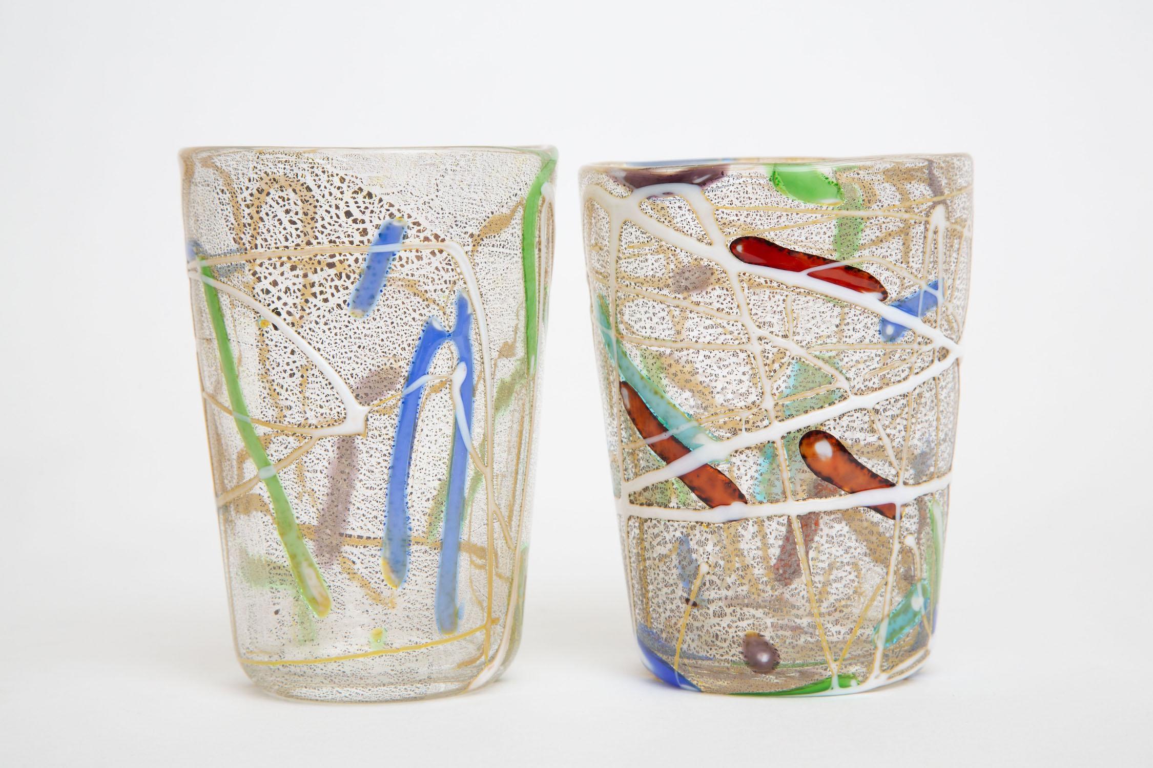 Gold Vintage Murano Red, White, Green, Turquoise, Purple, Blue Glasses S/ 6 Barware For Sale