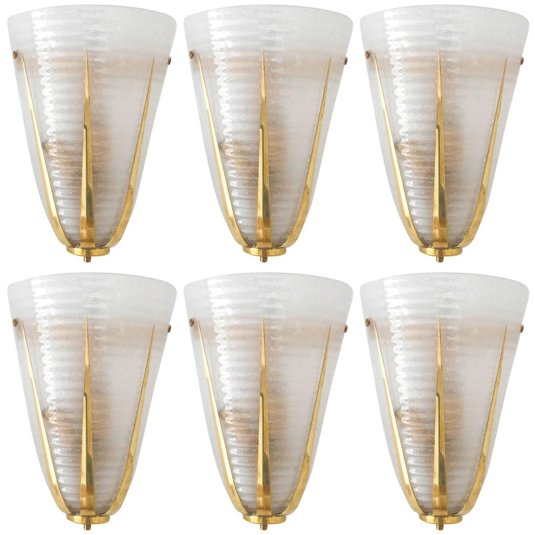 Italian Murano Ribbed Frosted Glass Sconces by Barovier e Toso