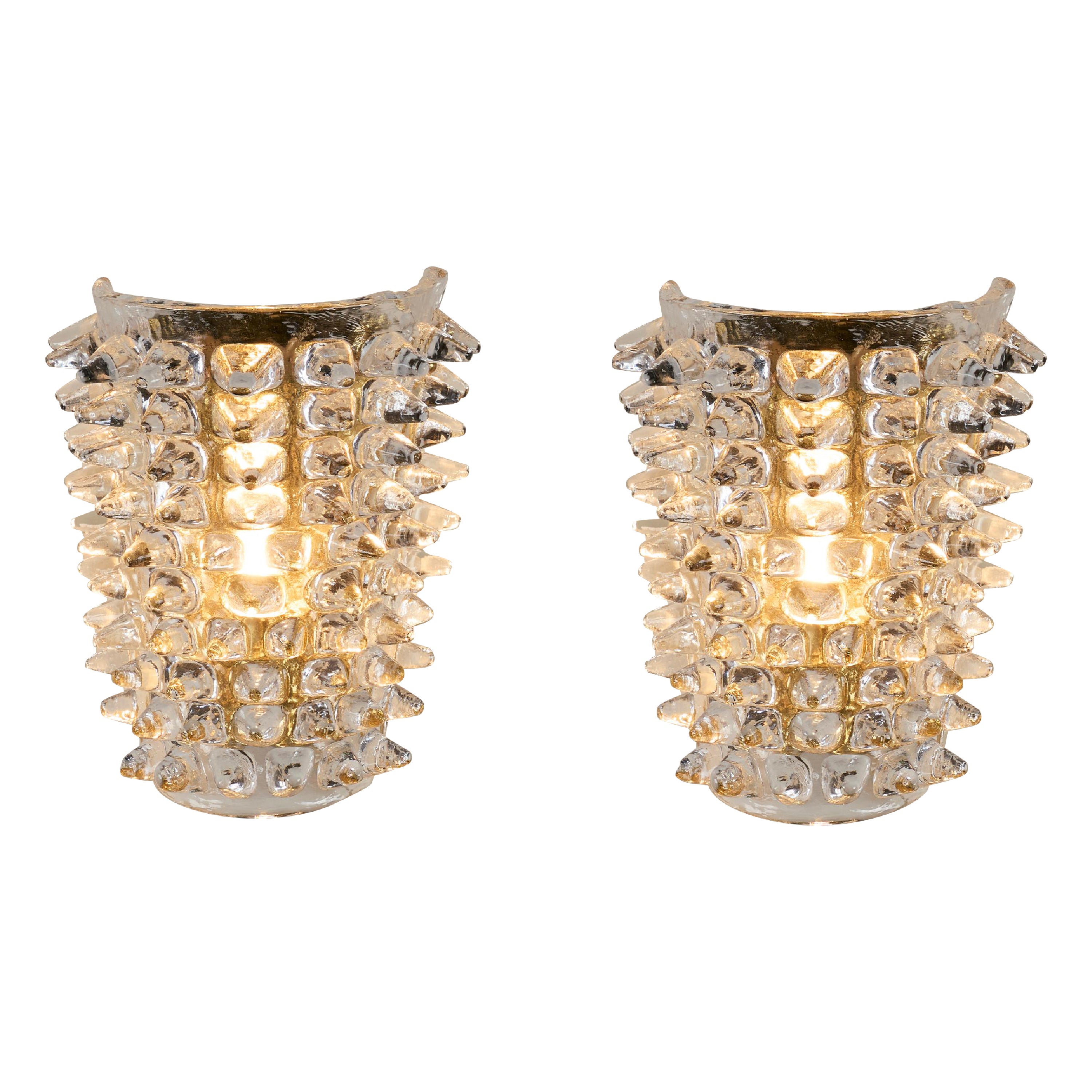 Italian Murano Rostrato glass and brass wall lights in Barovier style, modern For Sale