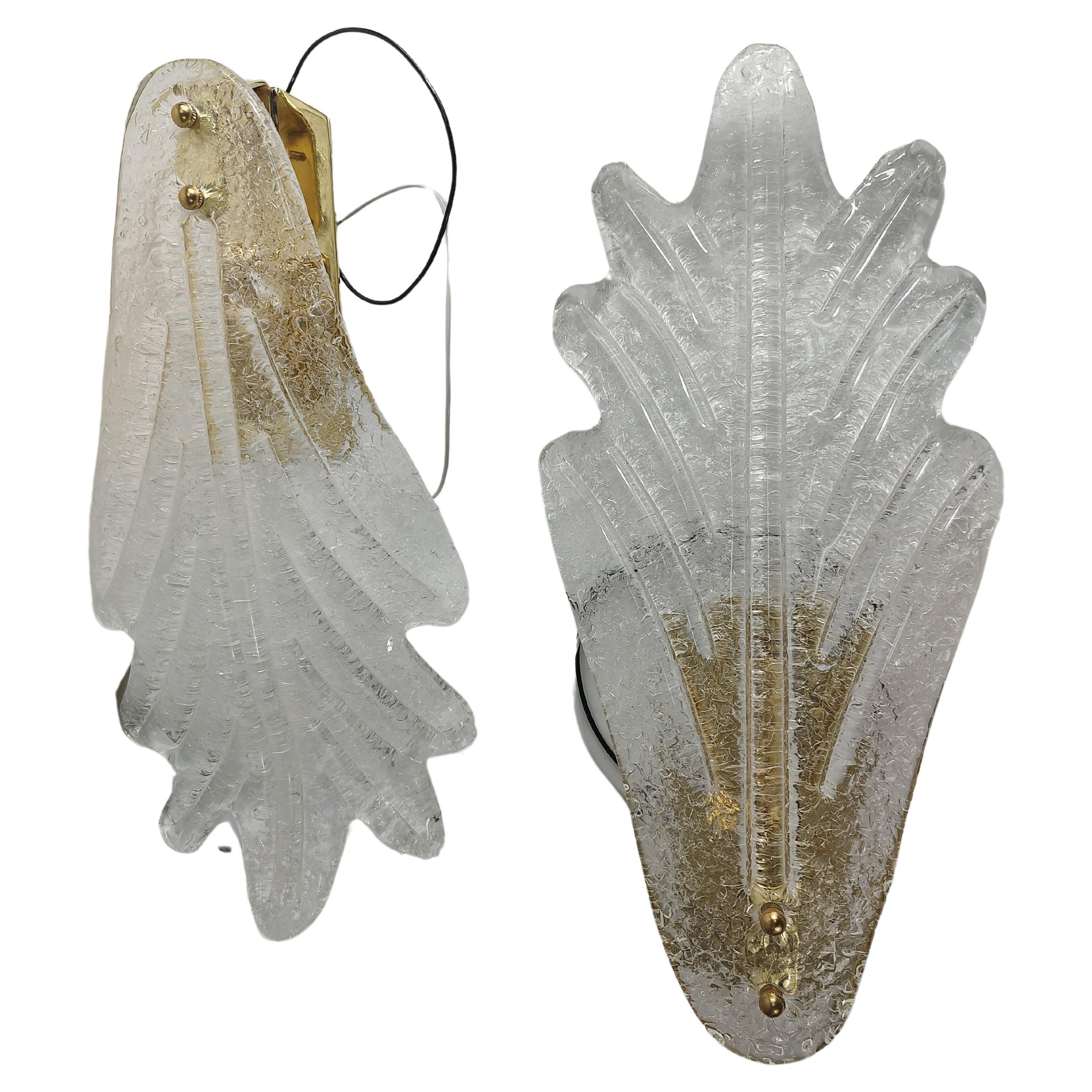 Hand-Crafted Italian Murano Set of 2 Pairs Frosted Leaf Glass Sconces  For Sale