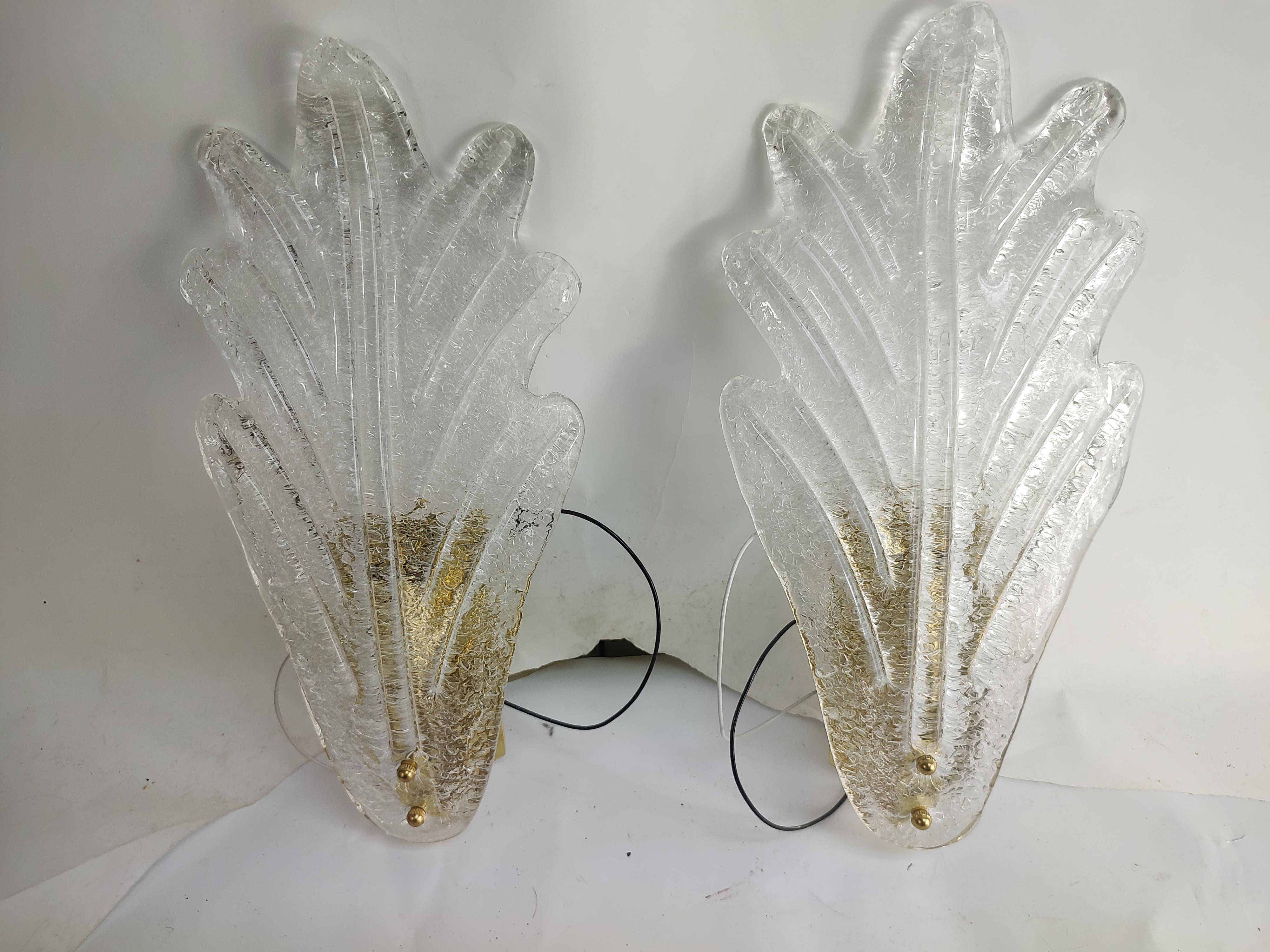 Italian Murano Set of 2 Pairs Frosted Leaf Glass Sconces  For Sale 1
